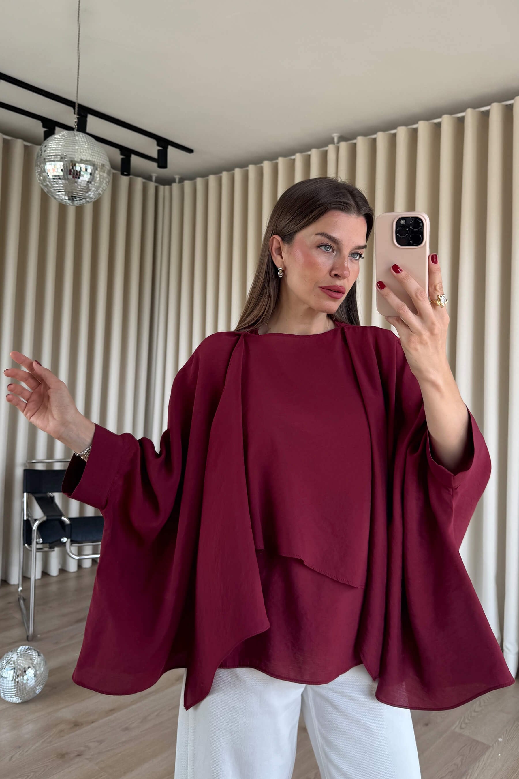 Bordo Asimetrik Kesim Şallı Oversize Premium Bluz