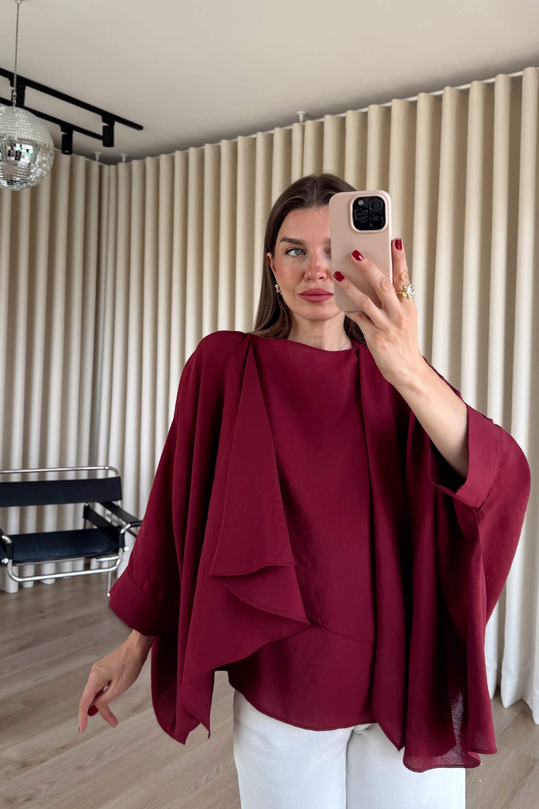Bordo Asimetrik Kesim Şallı Oversize Premium Bluz