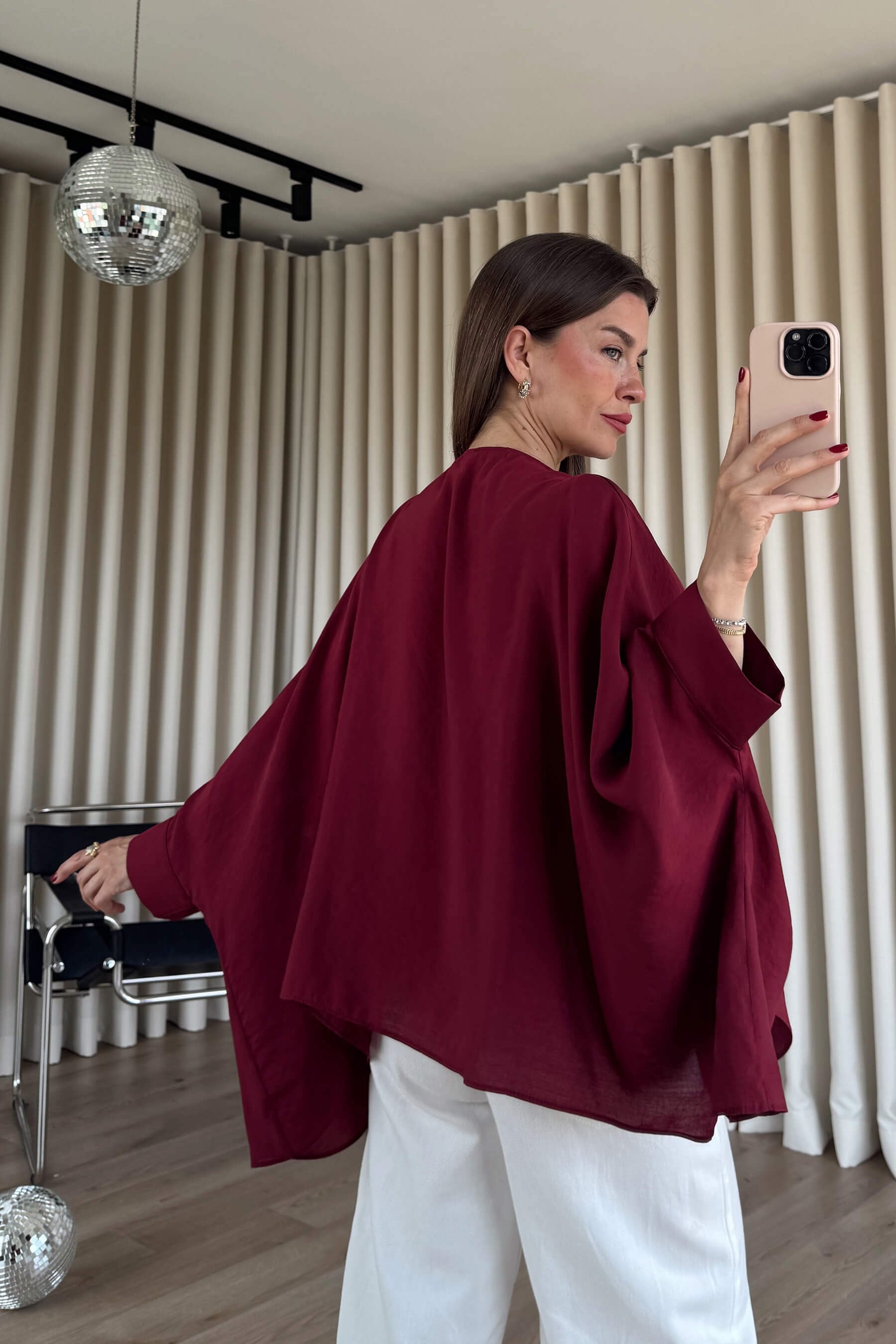Bordo Asimetrik Kesim Şallı Oversize Premium Bluz