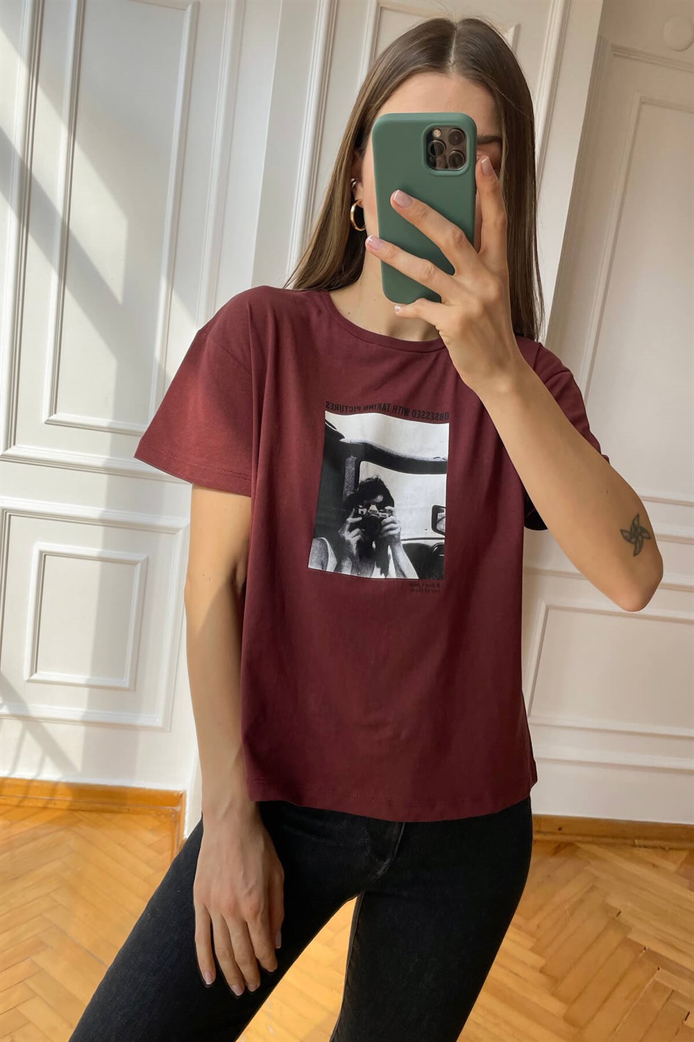 Bordo Baskılı Pamuklu T-Shirt