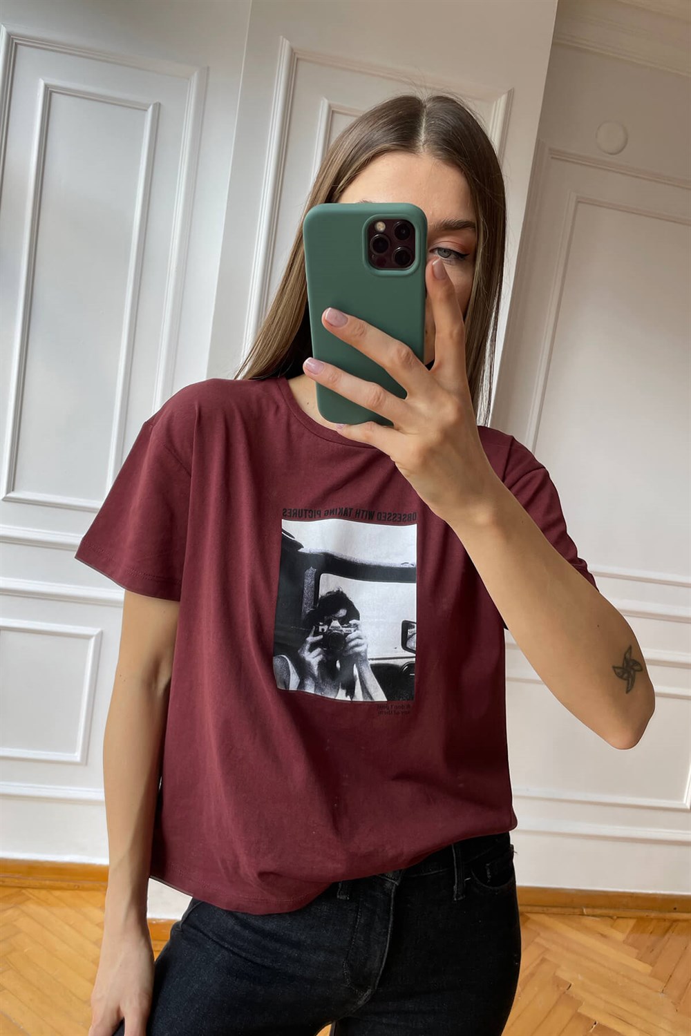 Bordo Baskılı Pamuklu T-Shirt