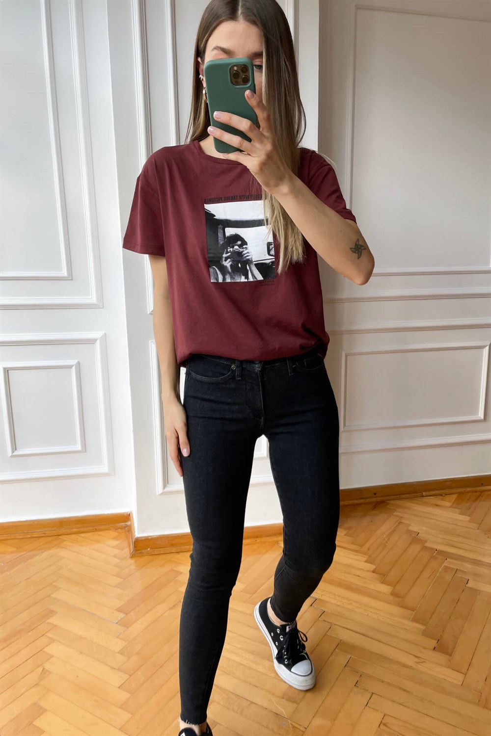 Bordo Baskılı Pamuklu T-Shirt
