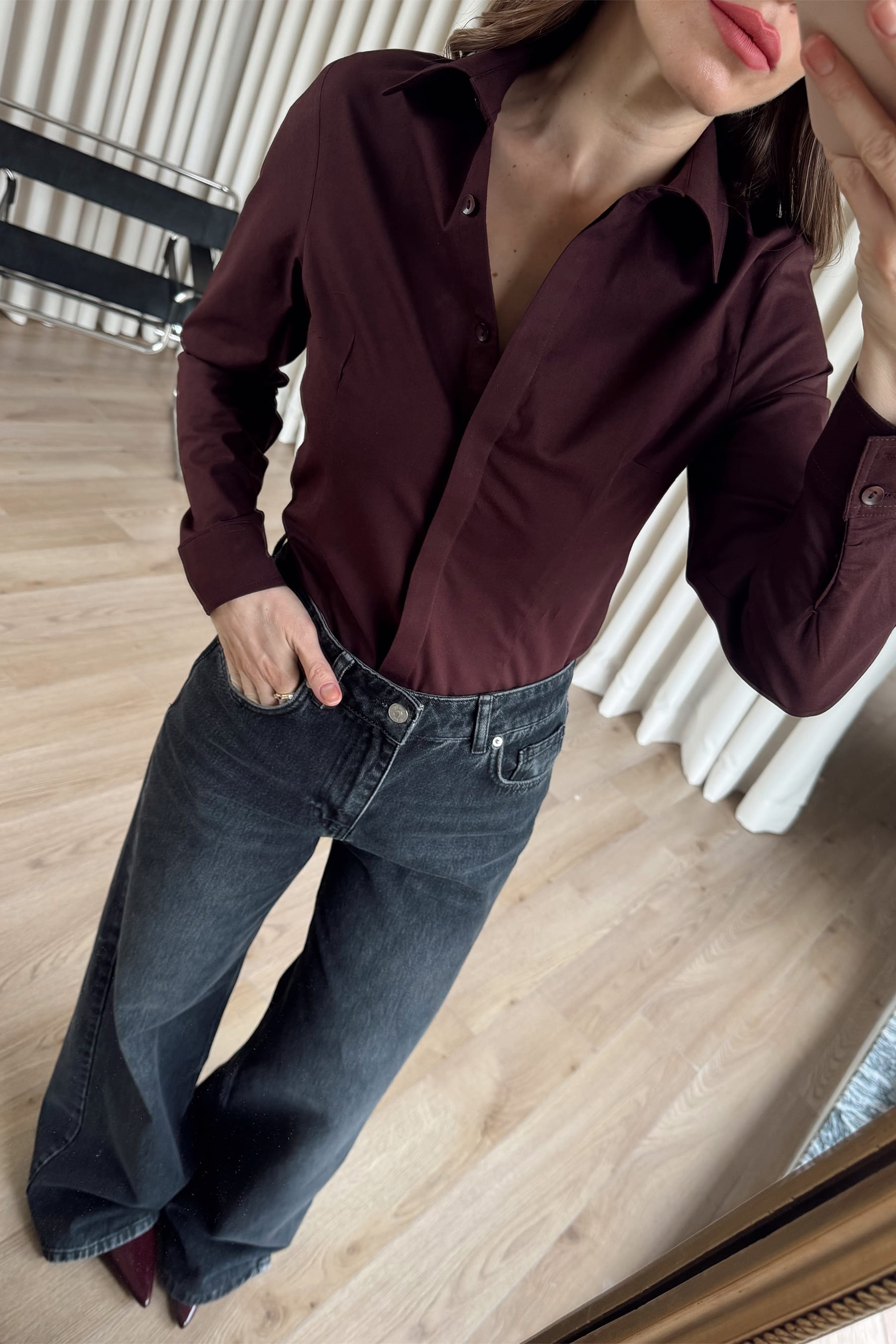 Bordo Belden Oturtmalı Fit Gömlek