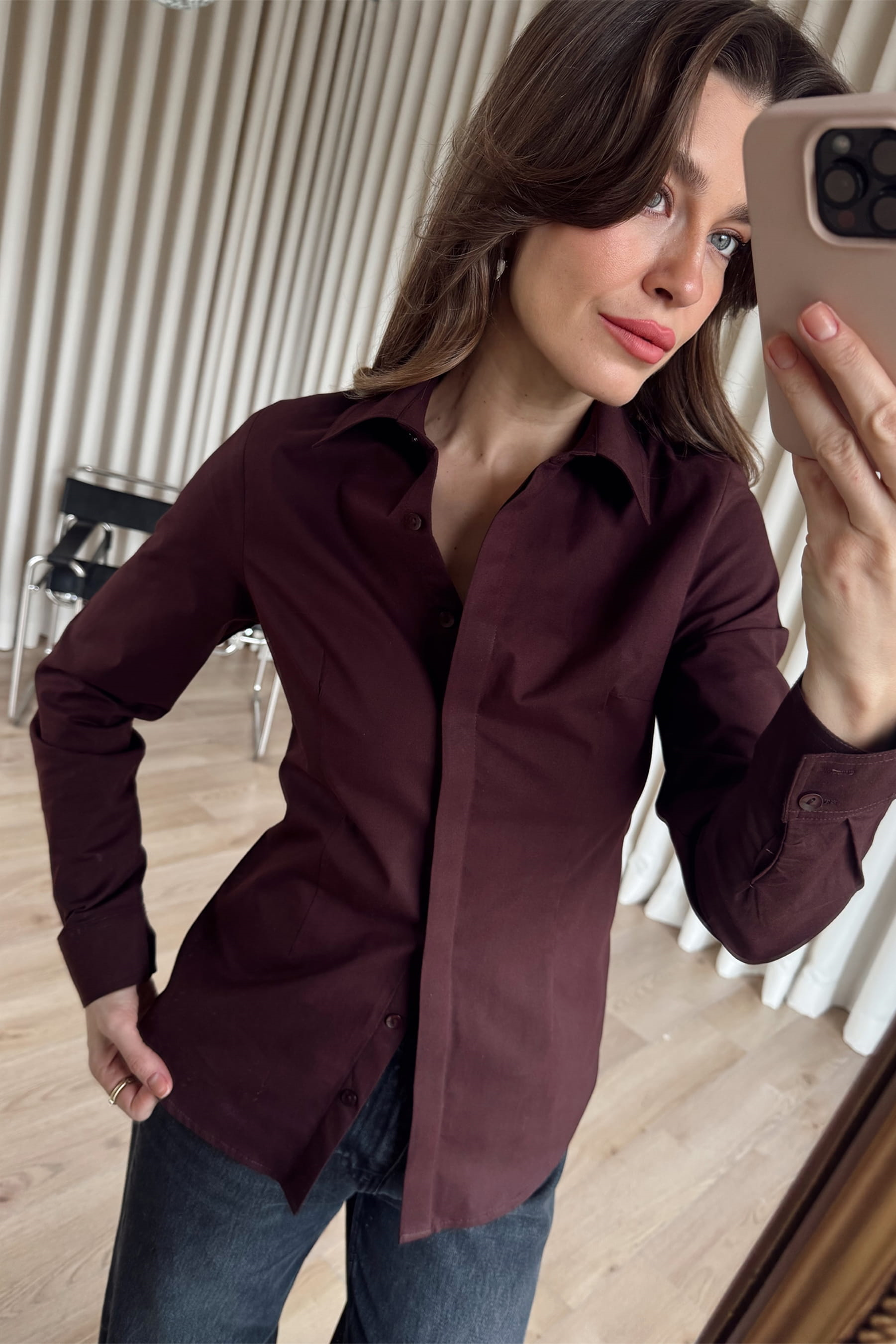 Bordo Belden Oturtmalı Fit Gömlek