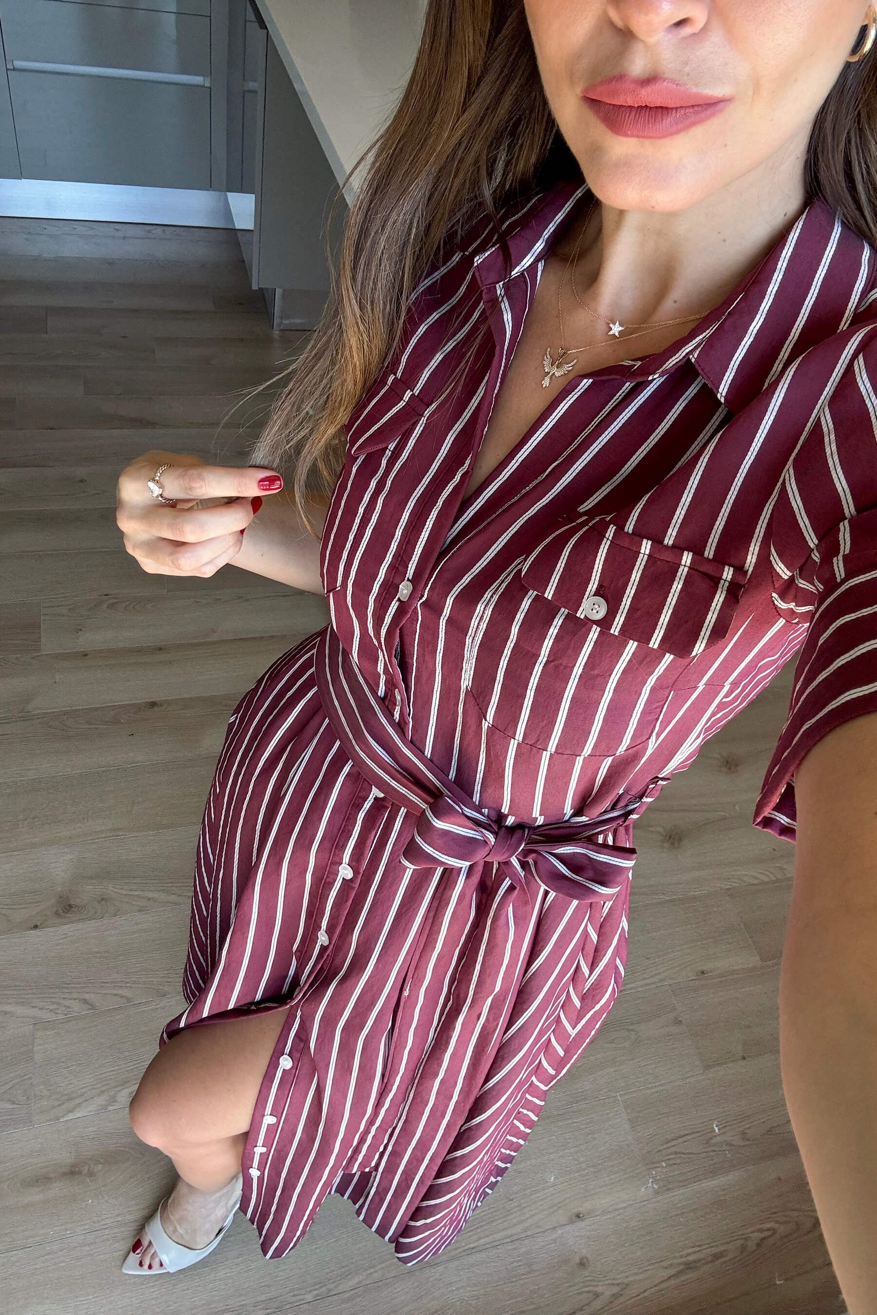 Bordo Beyaz Çizgili Kuşaklı Gömlek Elbise