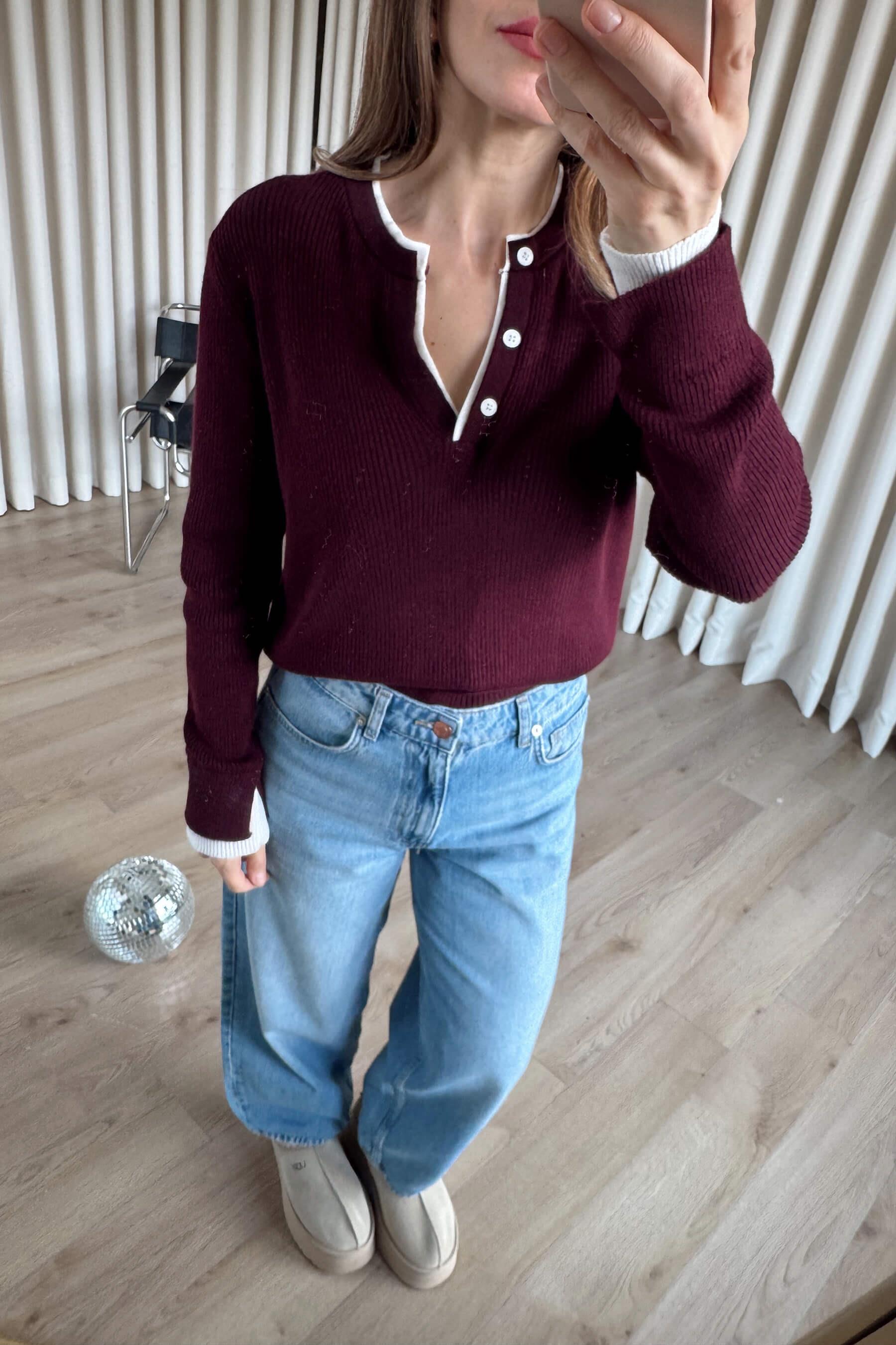 Bordo Beyaz Önü Düğmeli Kazak