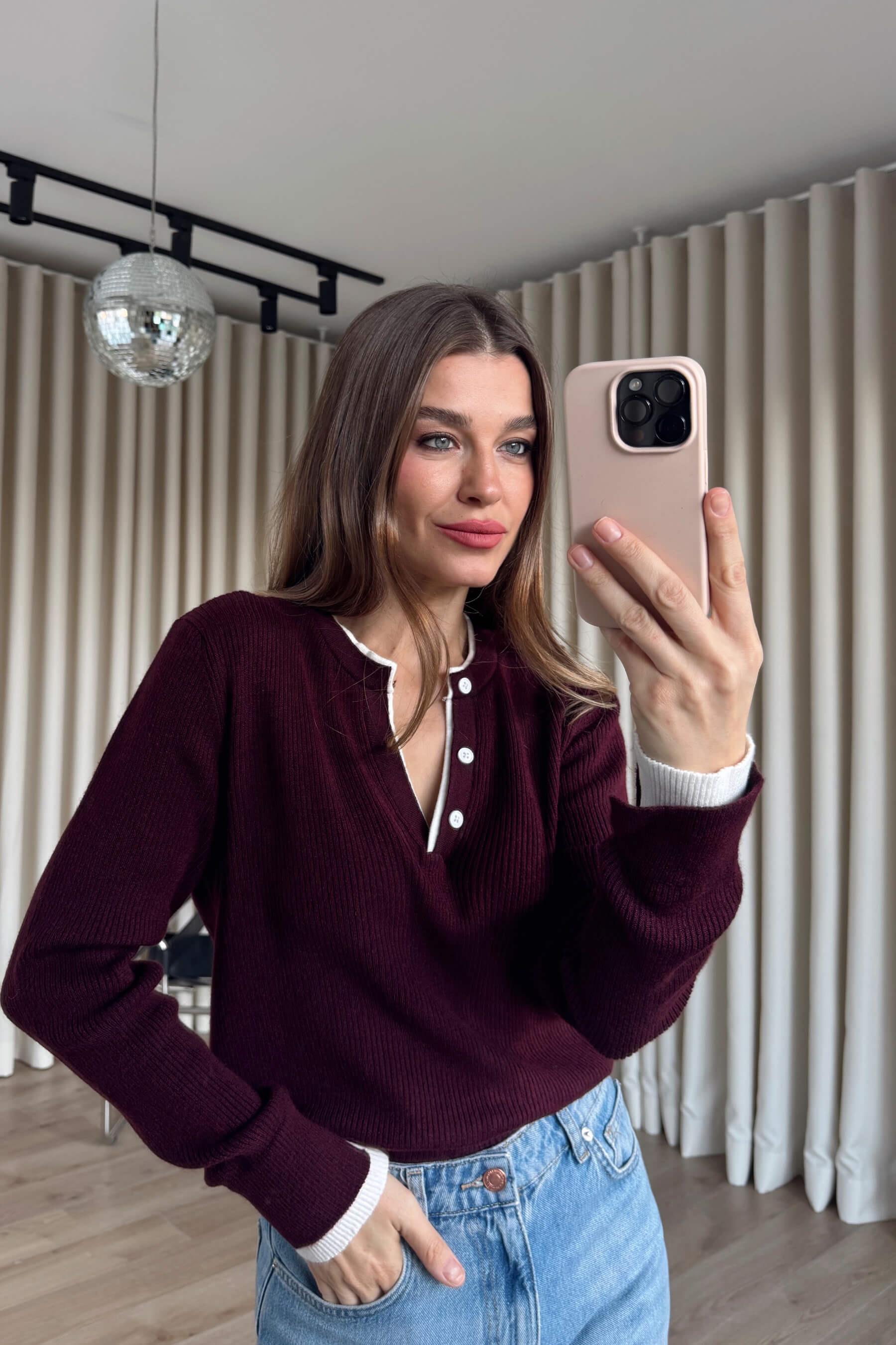 Bordo Beyaz Önü Düğmeli Kazak