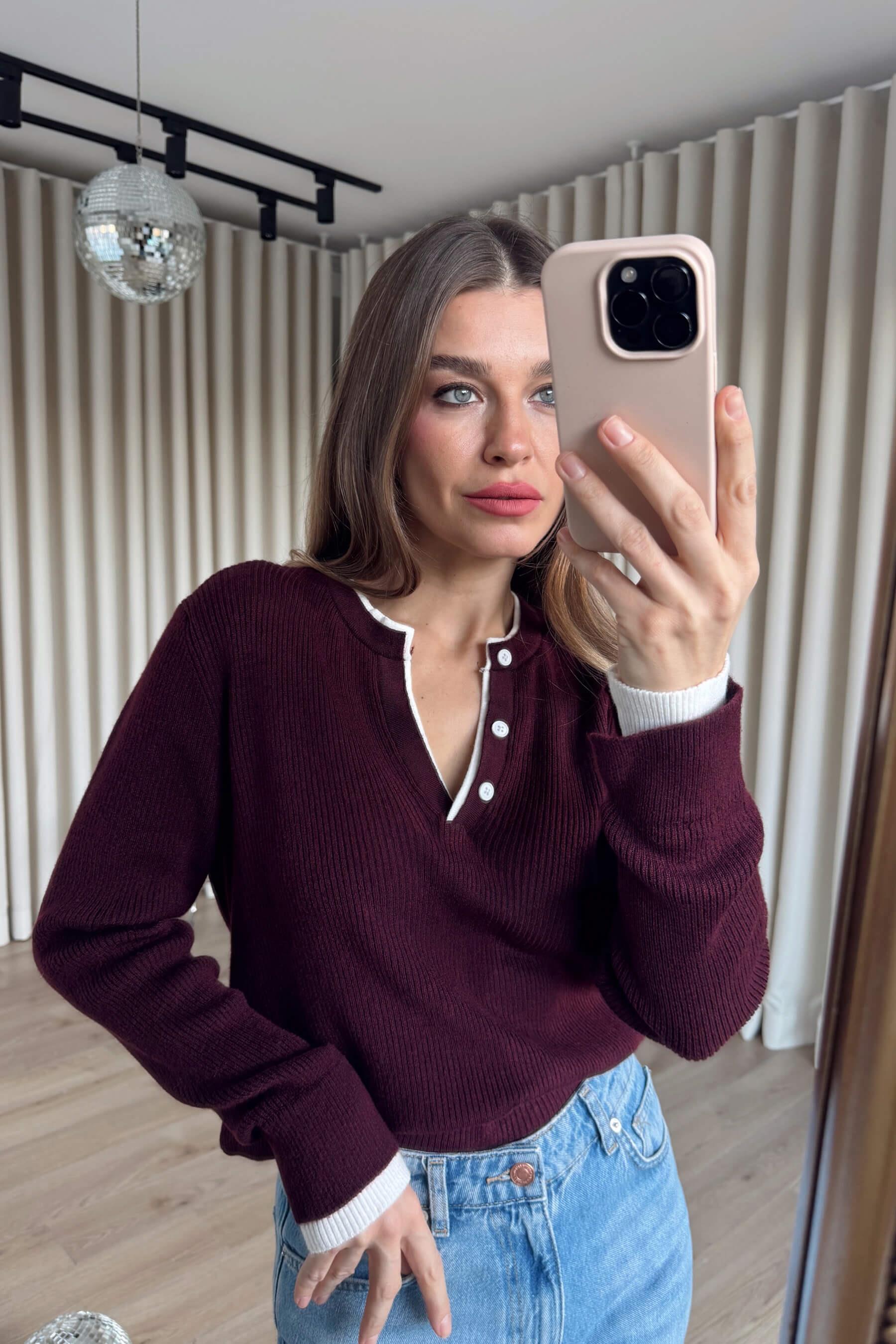 Bordo Beyaz Önü Düğmeli Kazak