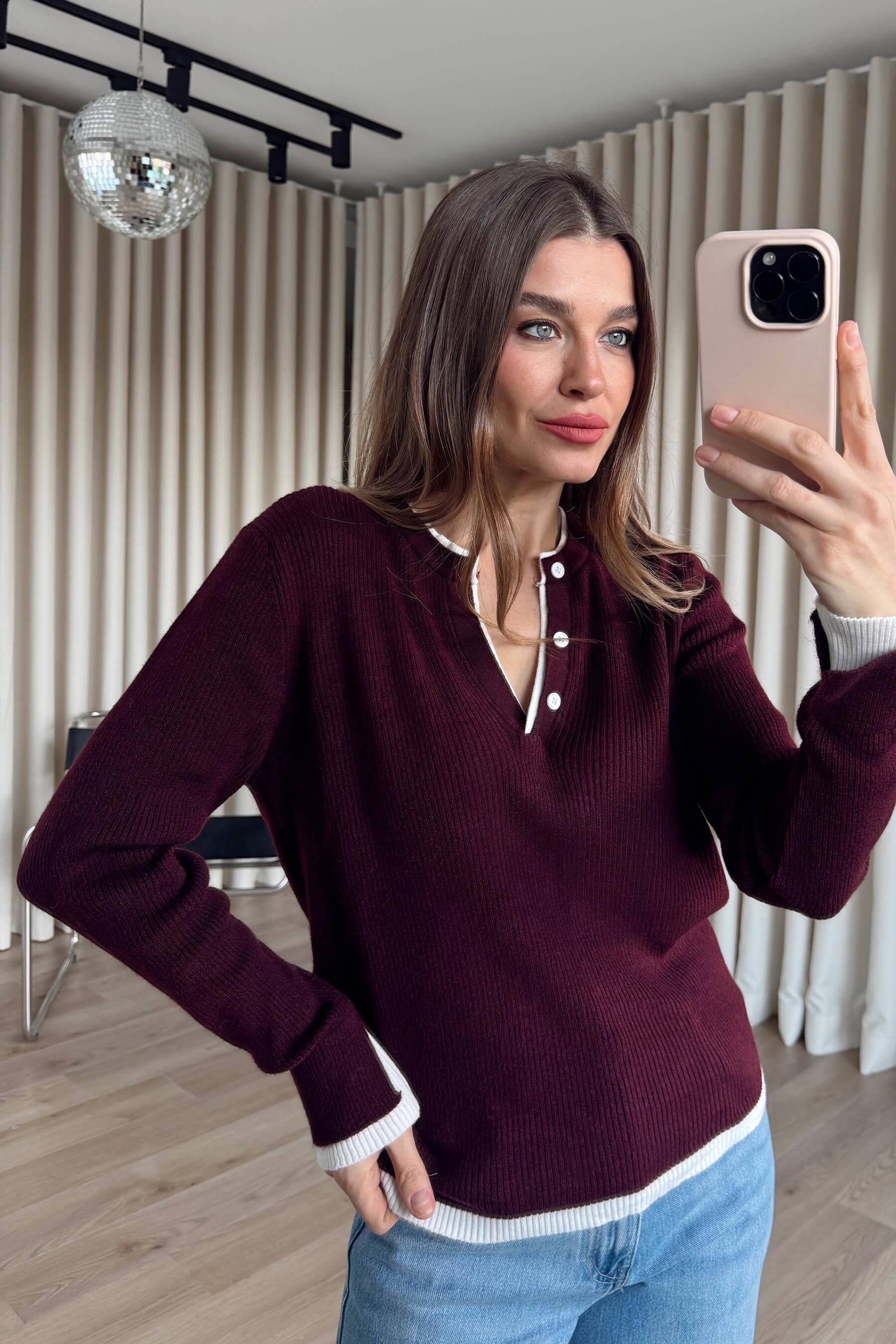 Bordo Beyaz Önü Düğmeli Kazak