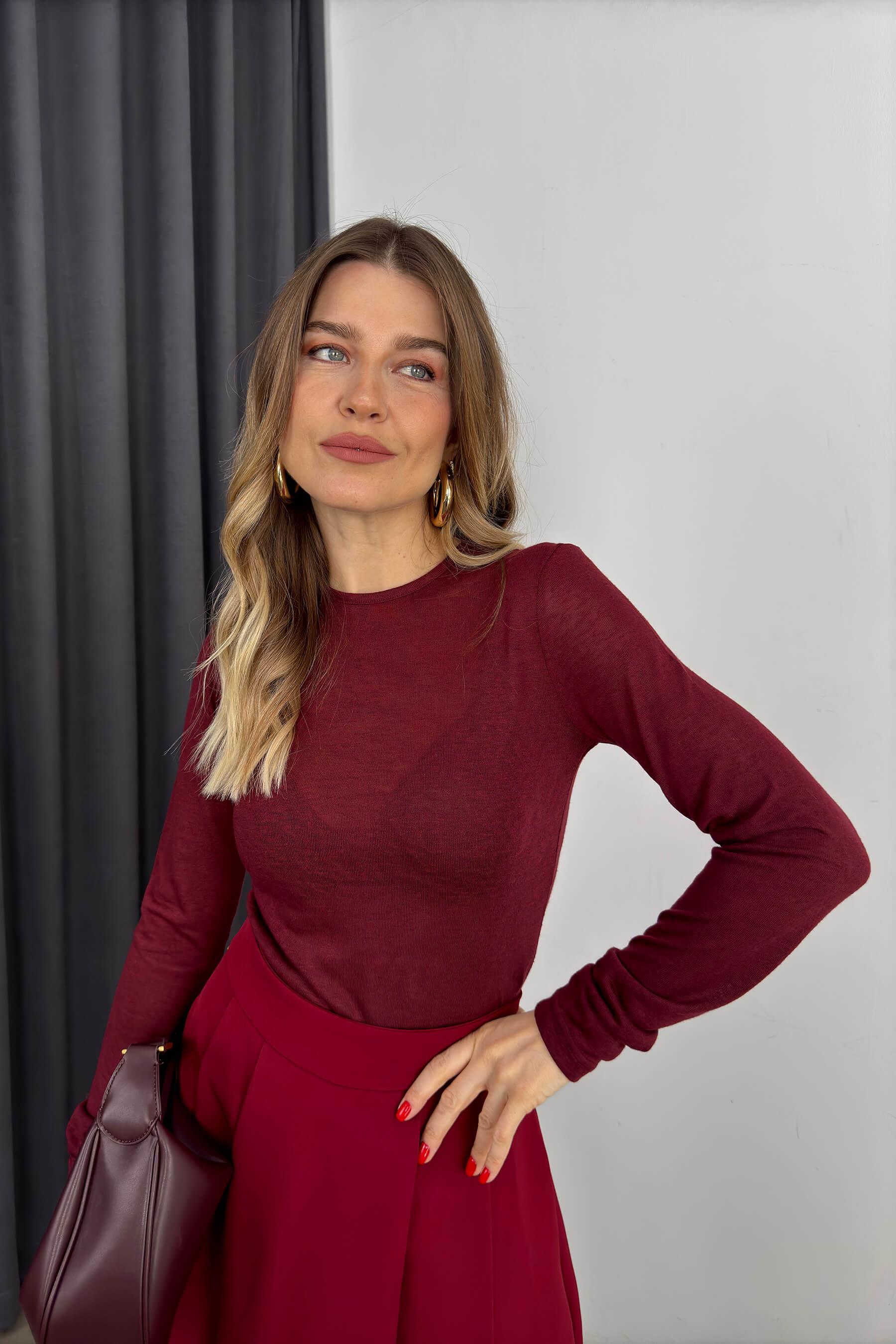 Bordo Bisiklet Yaka Premium Body Bluz