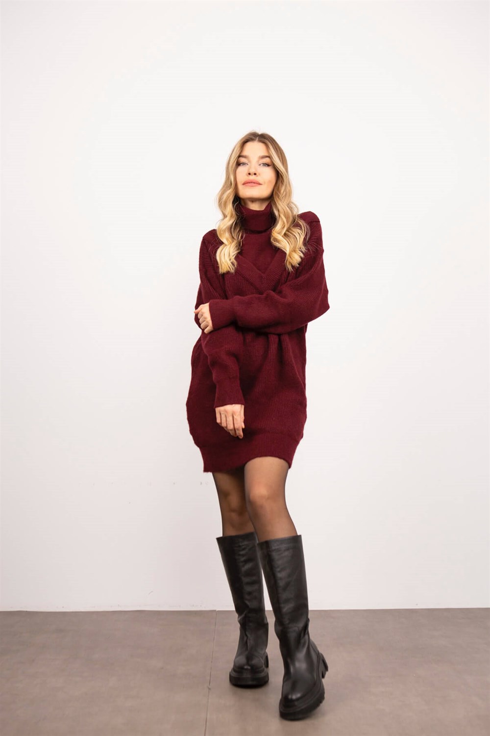 Bordo Boğazlı Trko Elbise