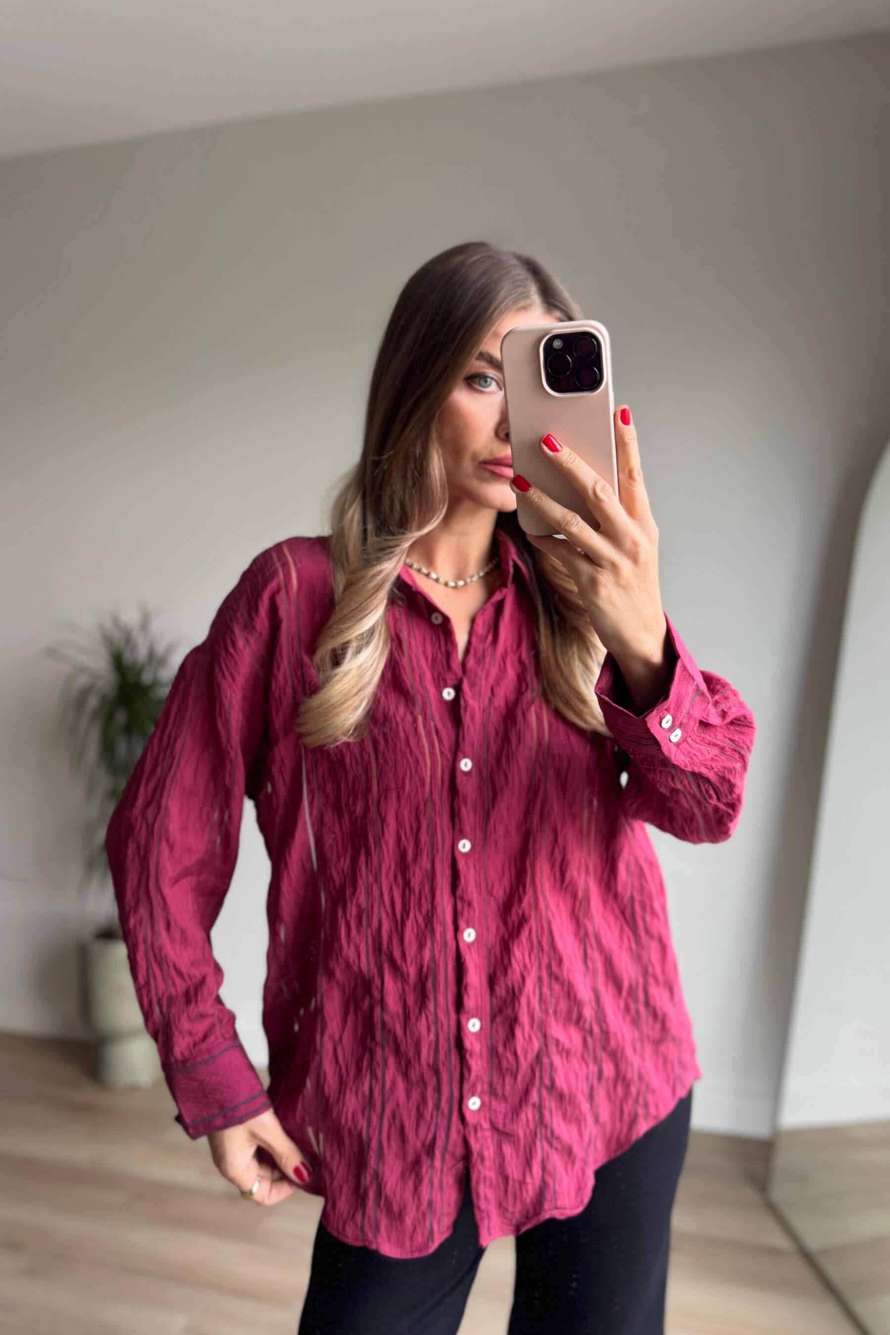 Bordo Çizgi Detaylı Organze Oversize Premium Gömlek