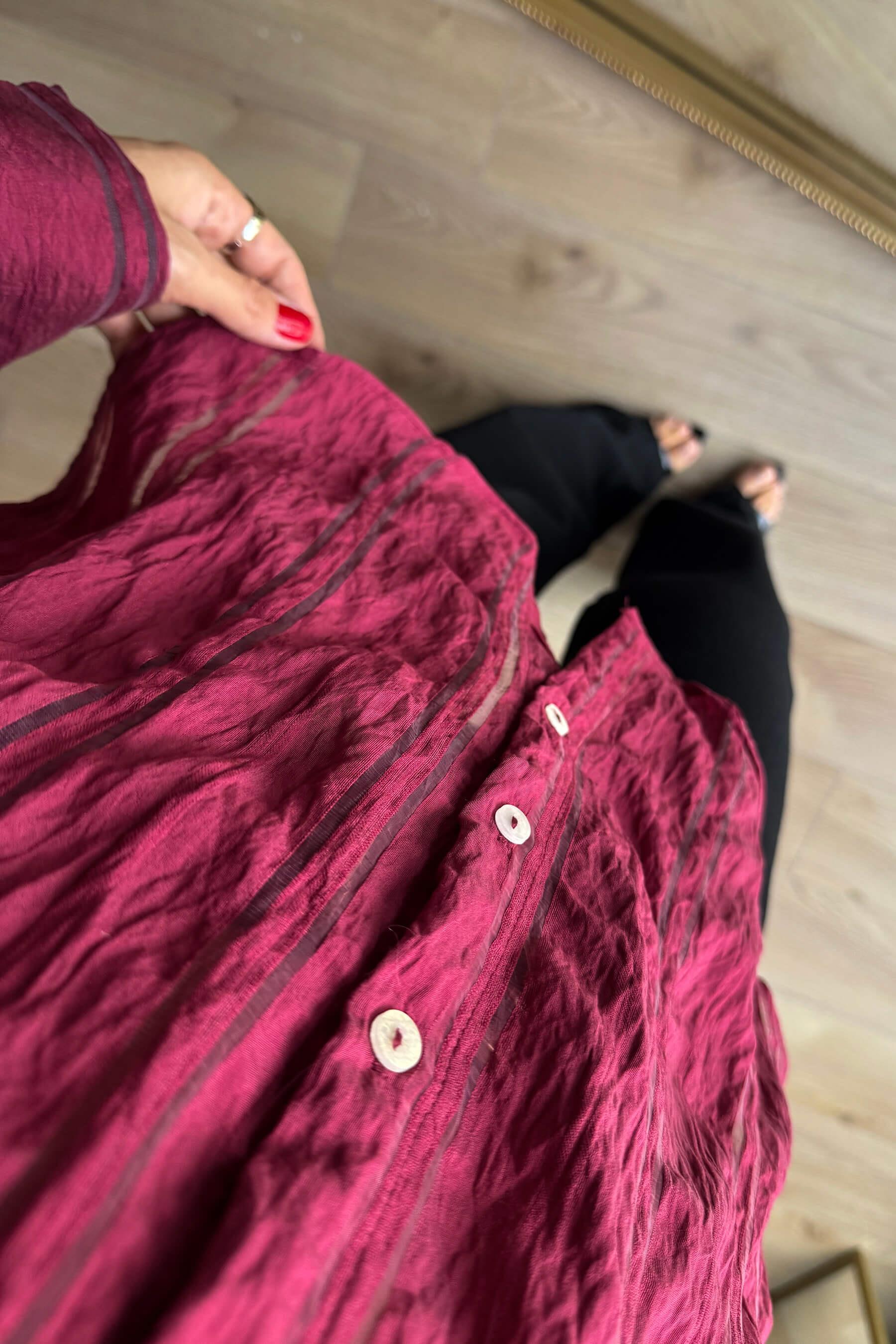 Bordo Çizgi Detaylı Organze Oversize Premium Gömlek