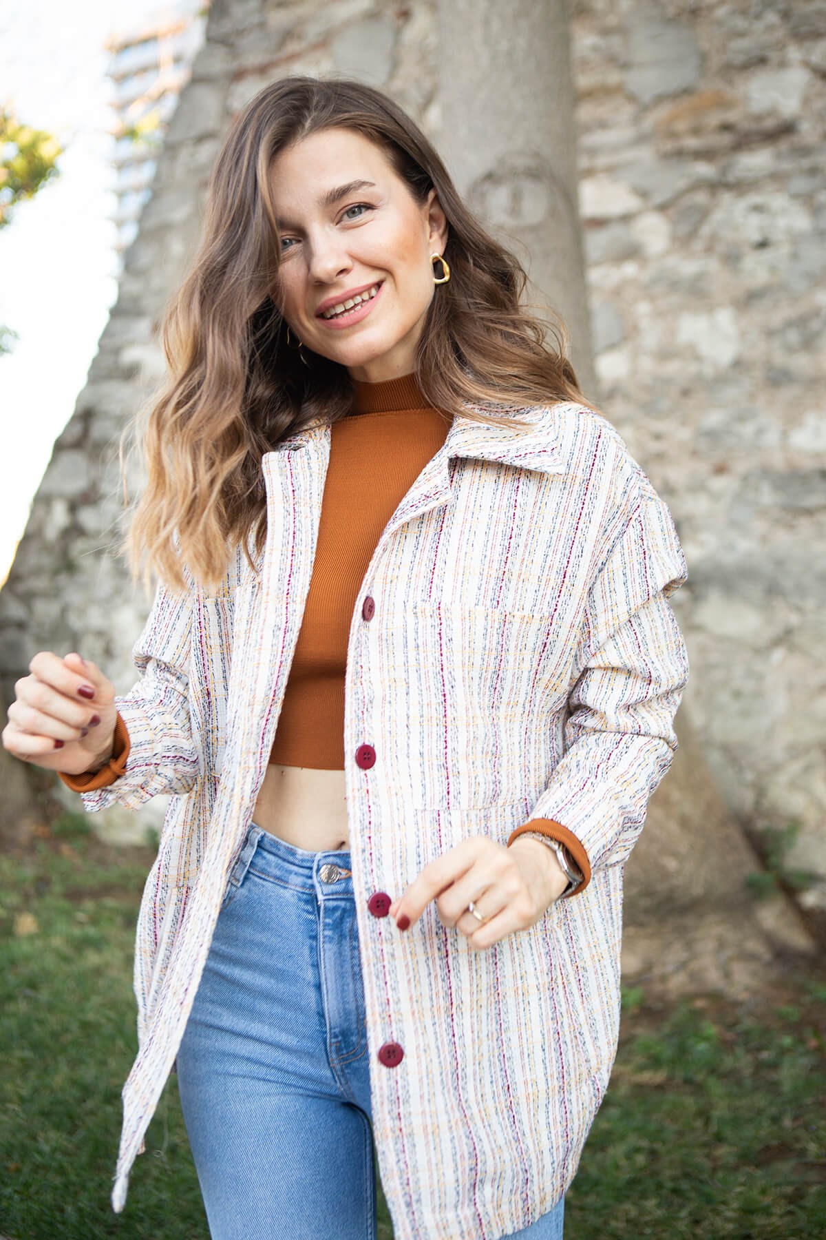 Bordo Düğmeli Çift Cepli Gömlek