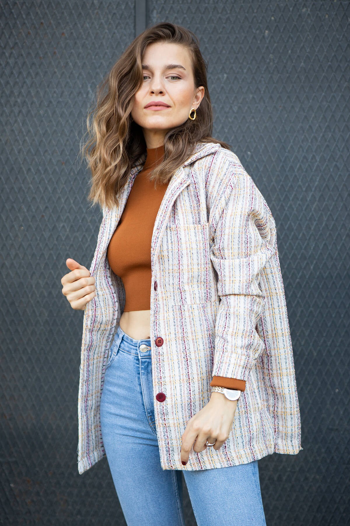 Bordo Düğmeli Çift Cepli Gömlek