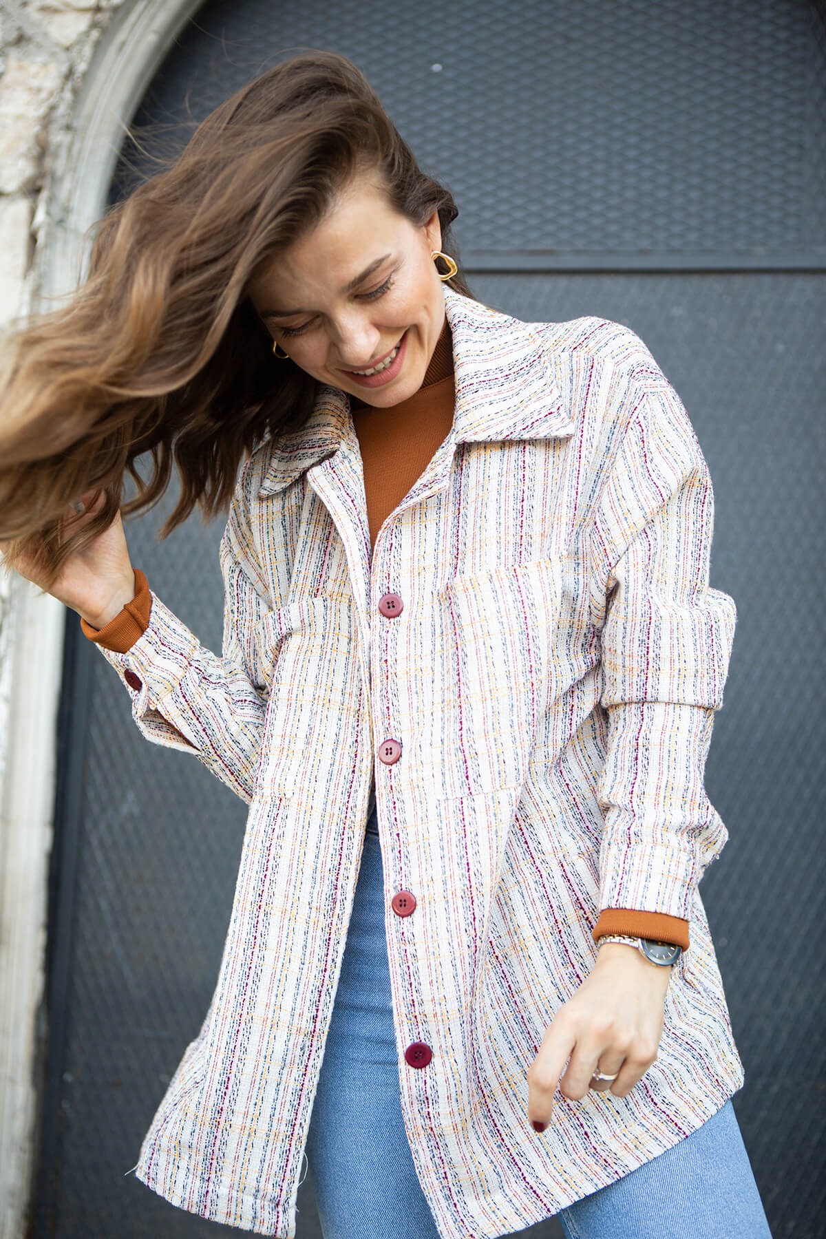 Bordo Düğmeli Çift Cepli Gömlek