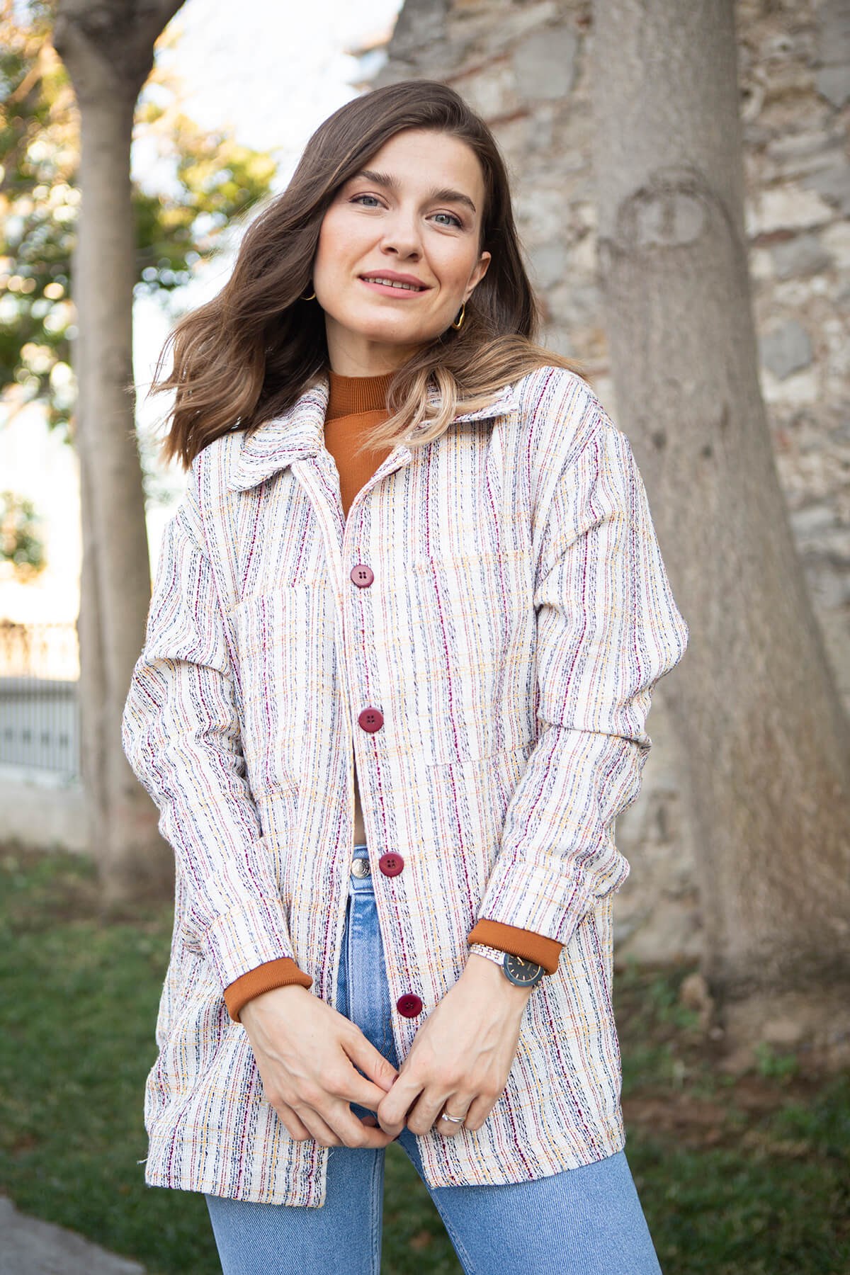 Bordo Düğmeli Çift Cepli Gömlek