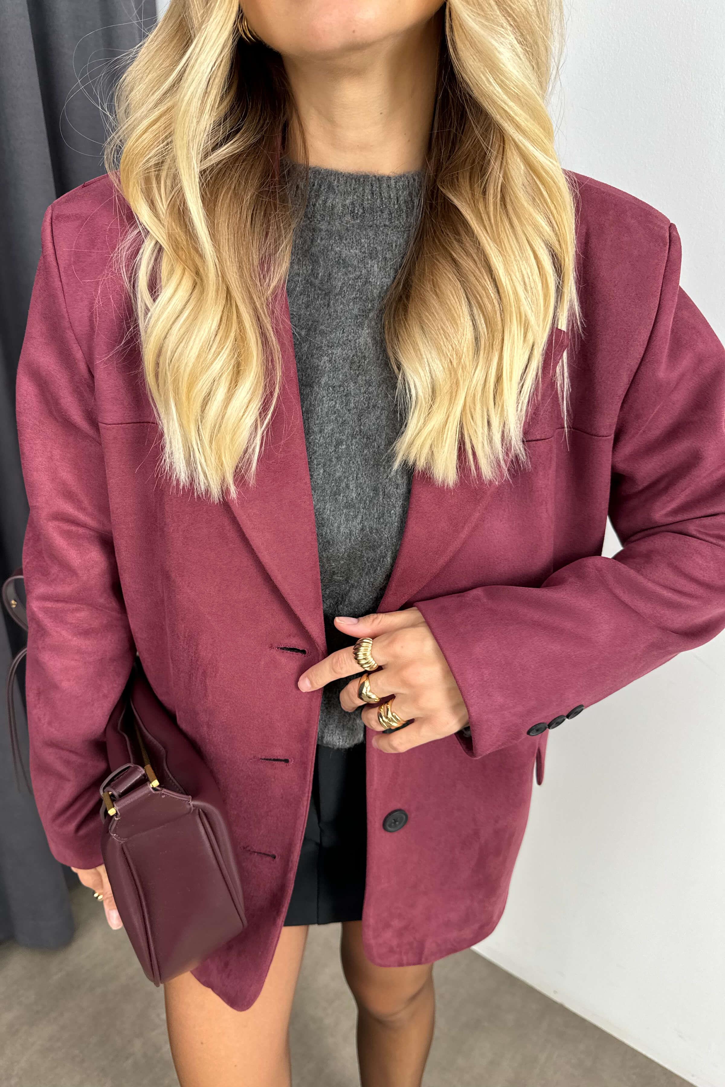 Bordo Düğmeli Premium Süet Ceket