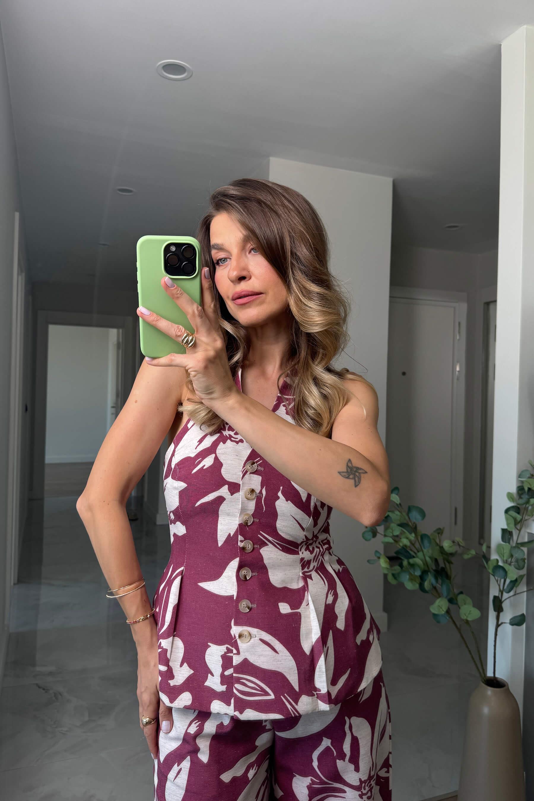 Bordo Ekru Çiçekli Düğmeli Pantolon Bluz Keten Takım