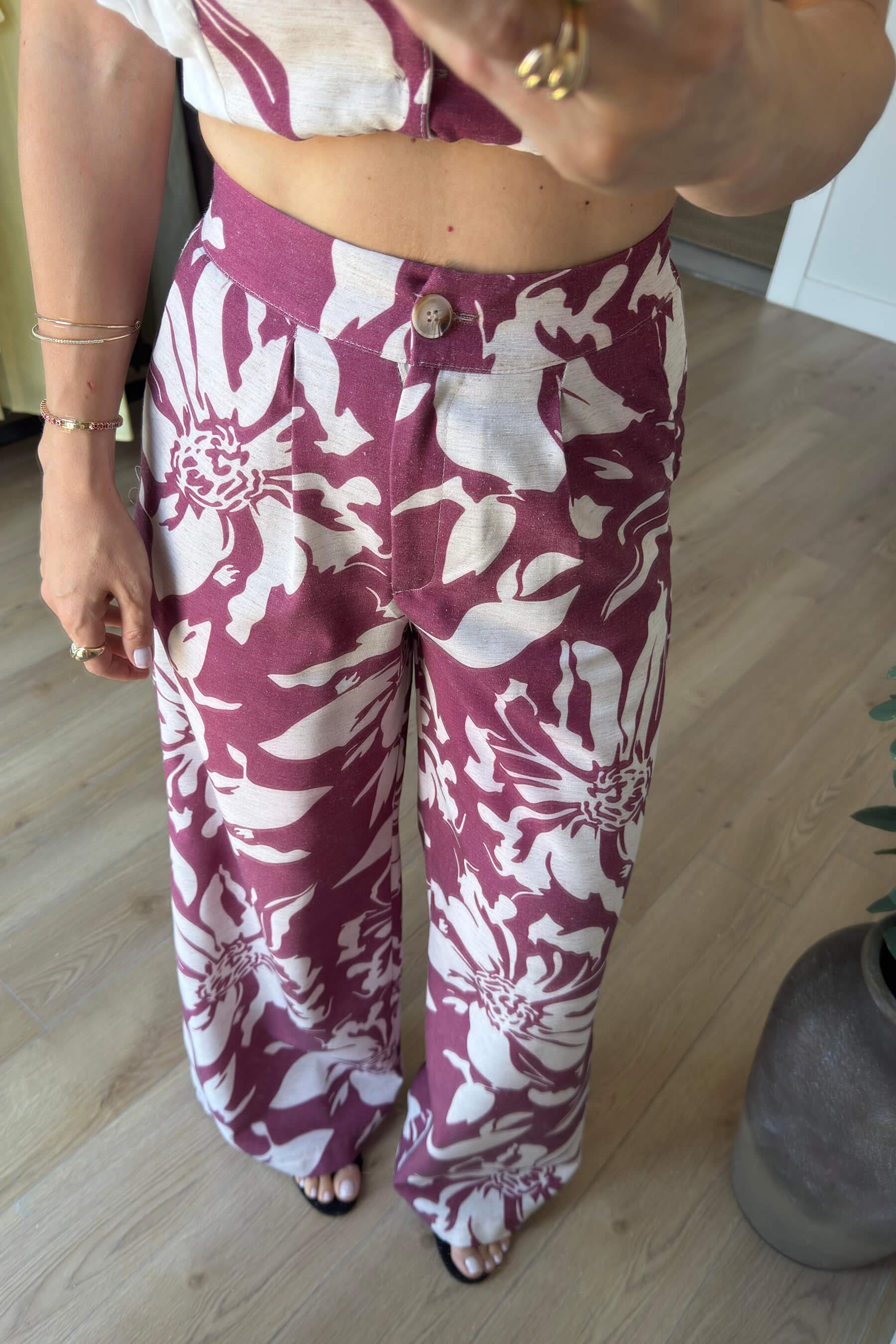 Bordo Ekru Çiçekli Düğmeli Pantolon Bluz Keten Takım