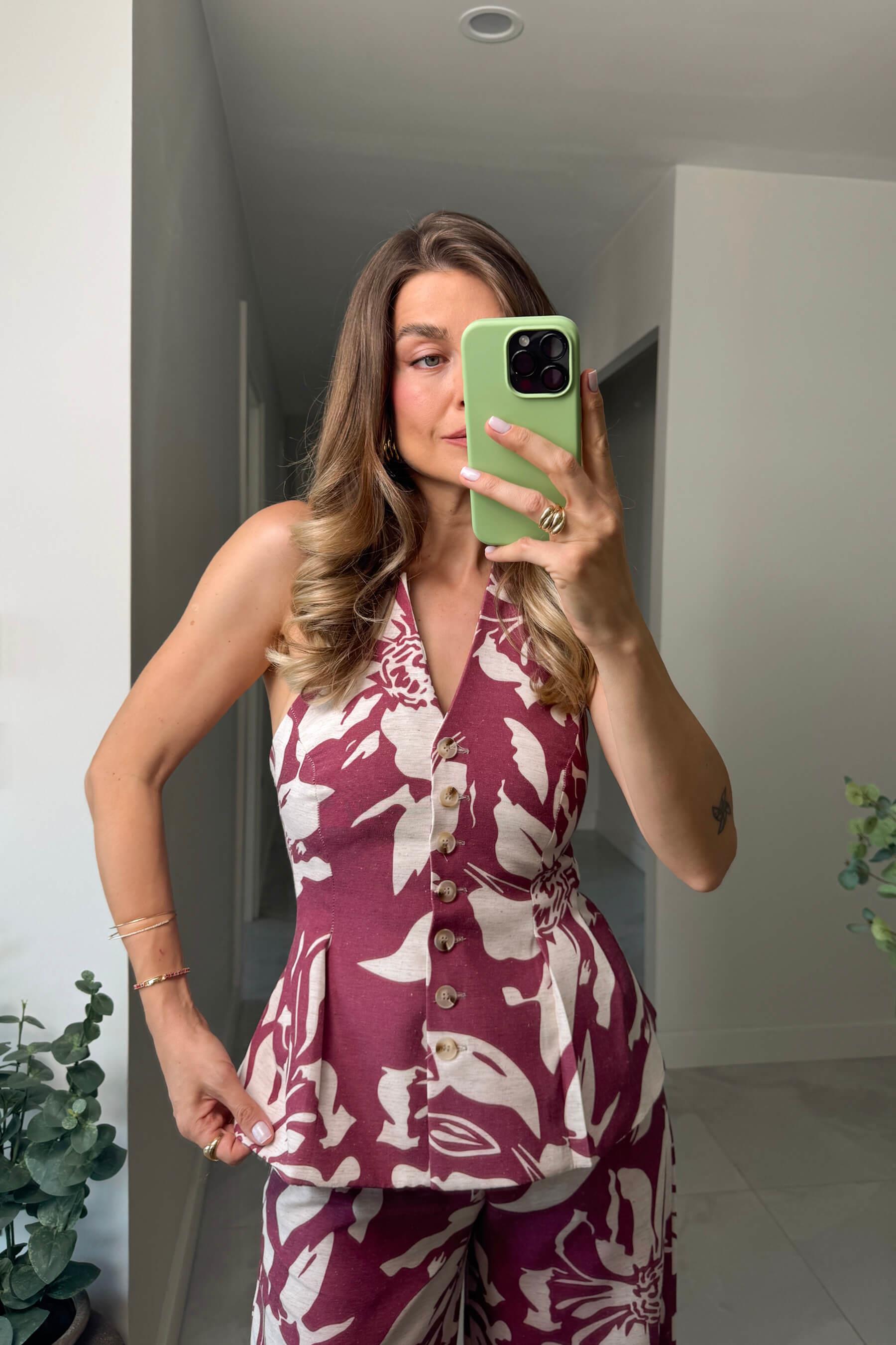 Bordo Ekru Çiçekli Düğmeli Pantolon Bluz Keten Takım