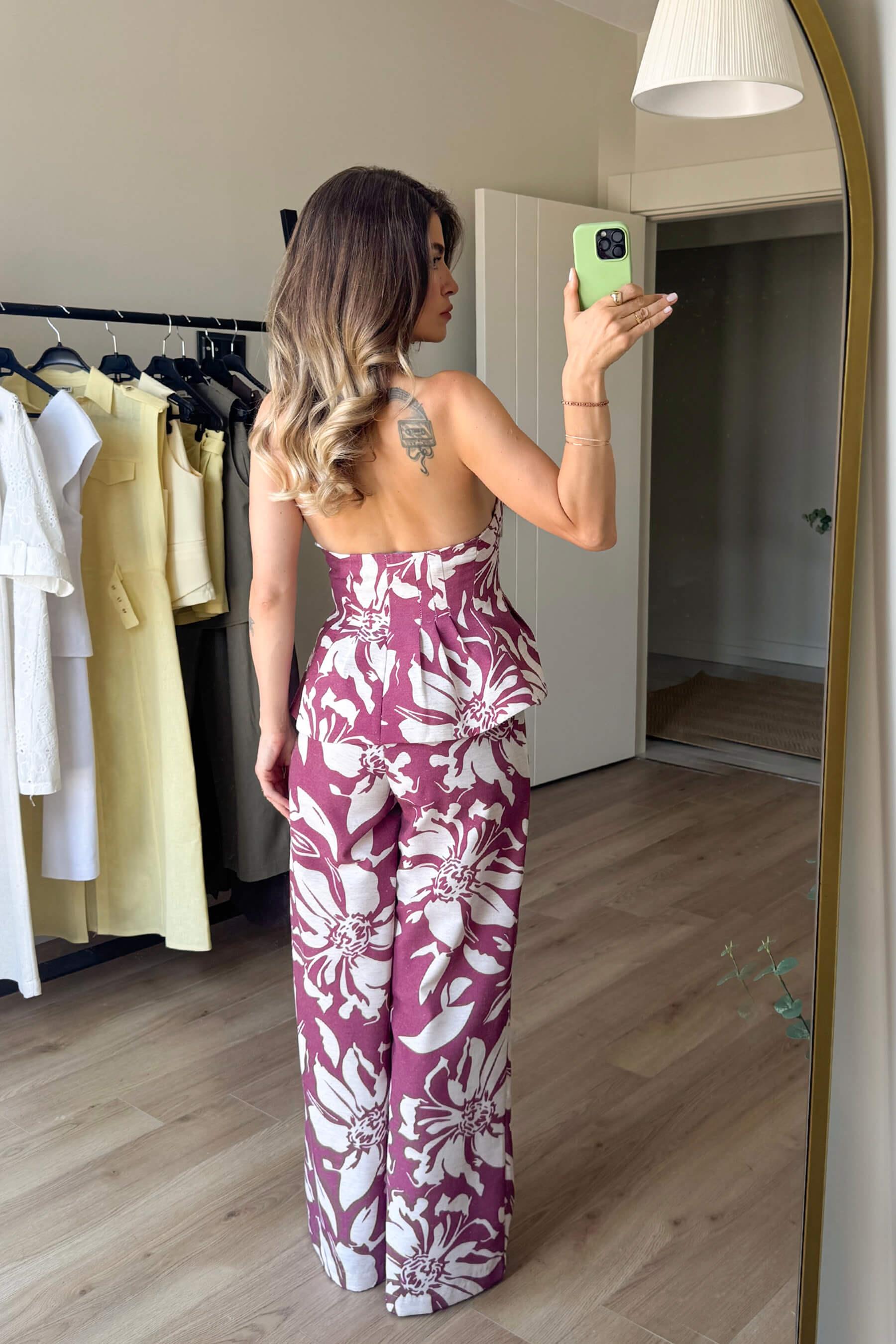 Bordo Ekru Çiçekli Düğmeli Pantolon Bluz Keten Takım