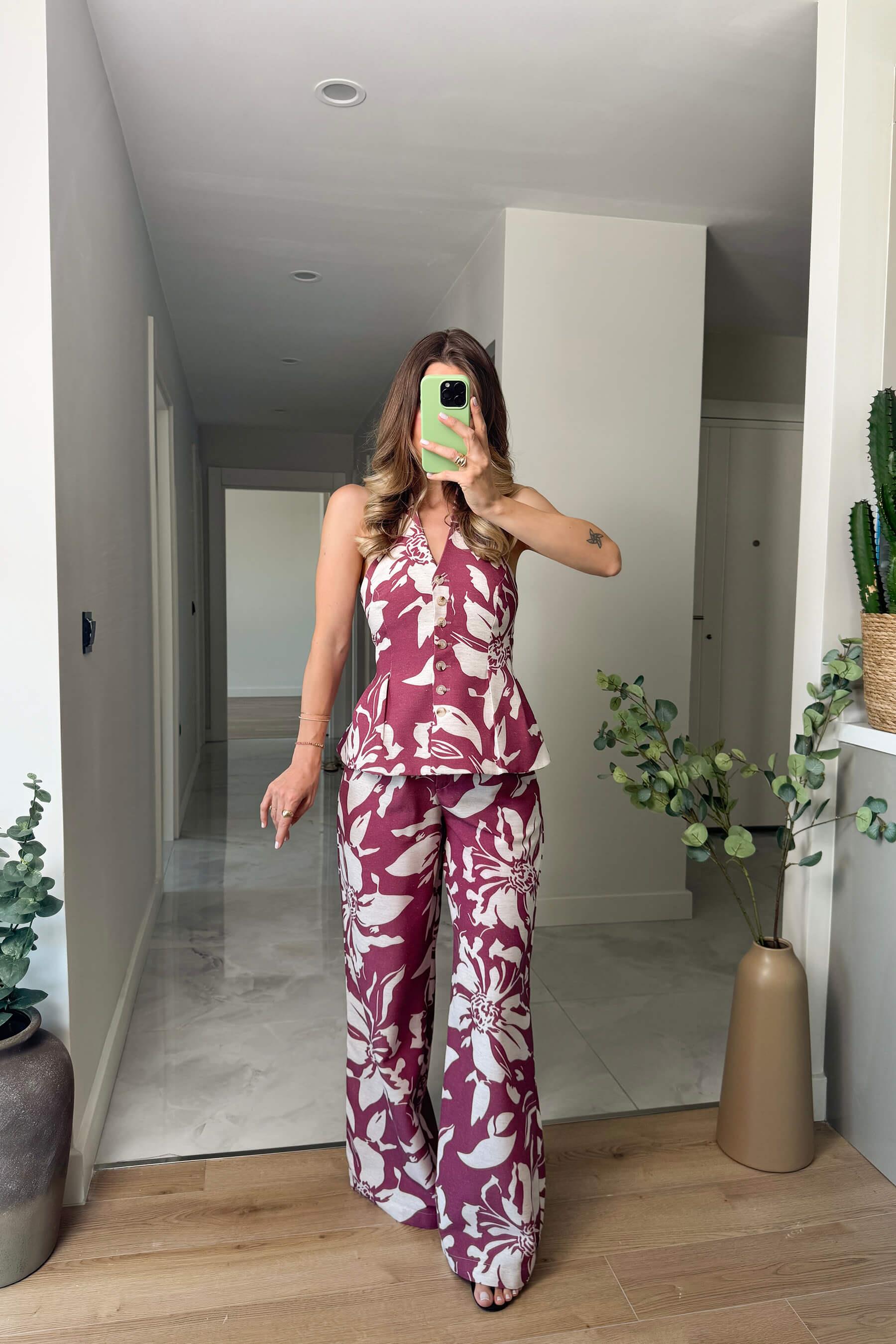 Bordo Ekru Çiçekli Düğmeli Pantolon Bluz Keten Takım