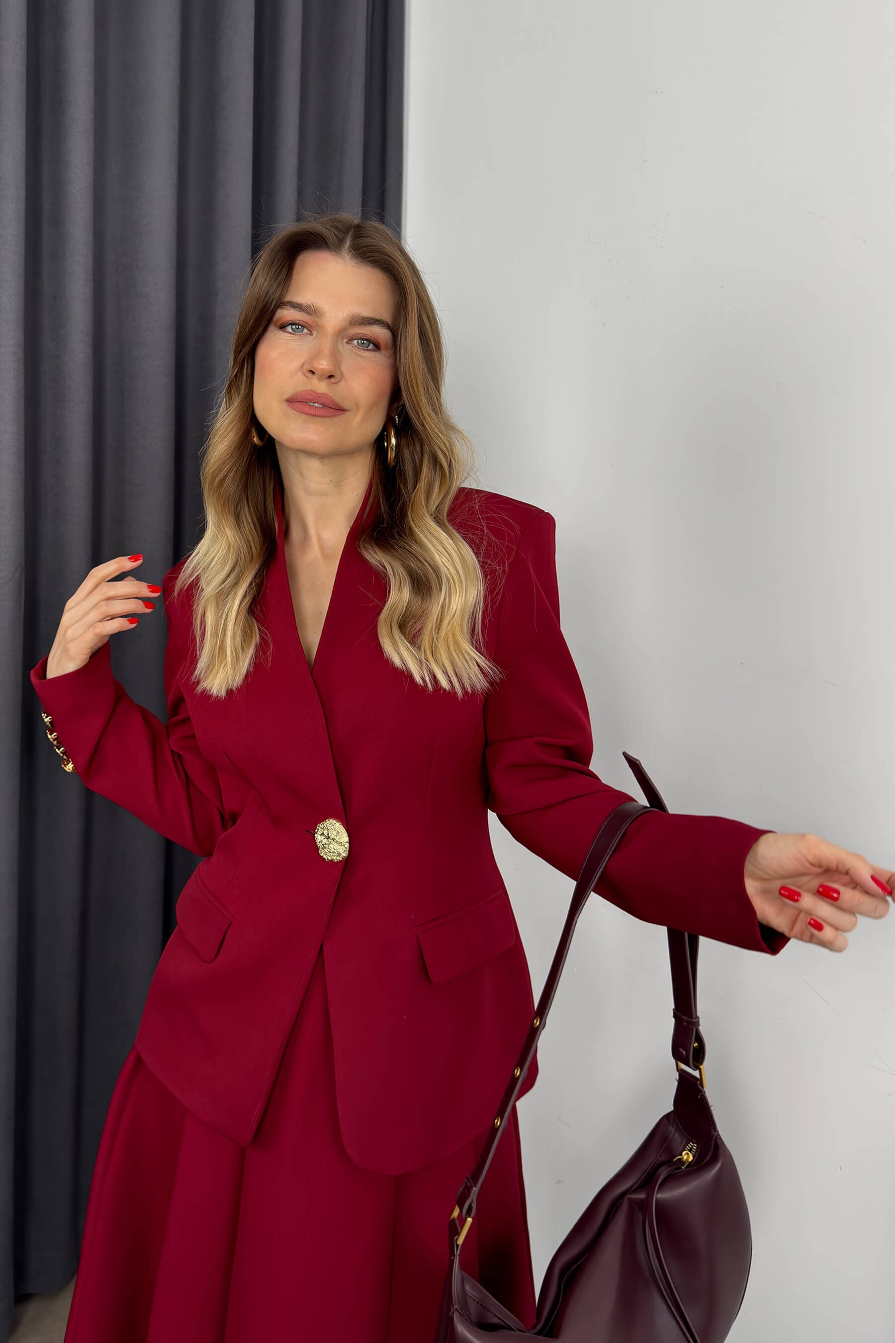Bordo Gold Rose Düğme Detaylı Hakim Yaka Blazer Ceket