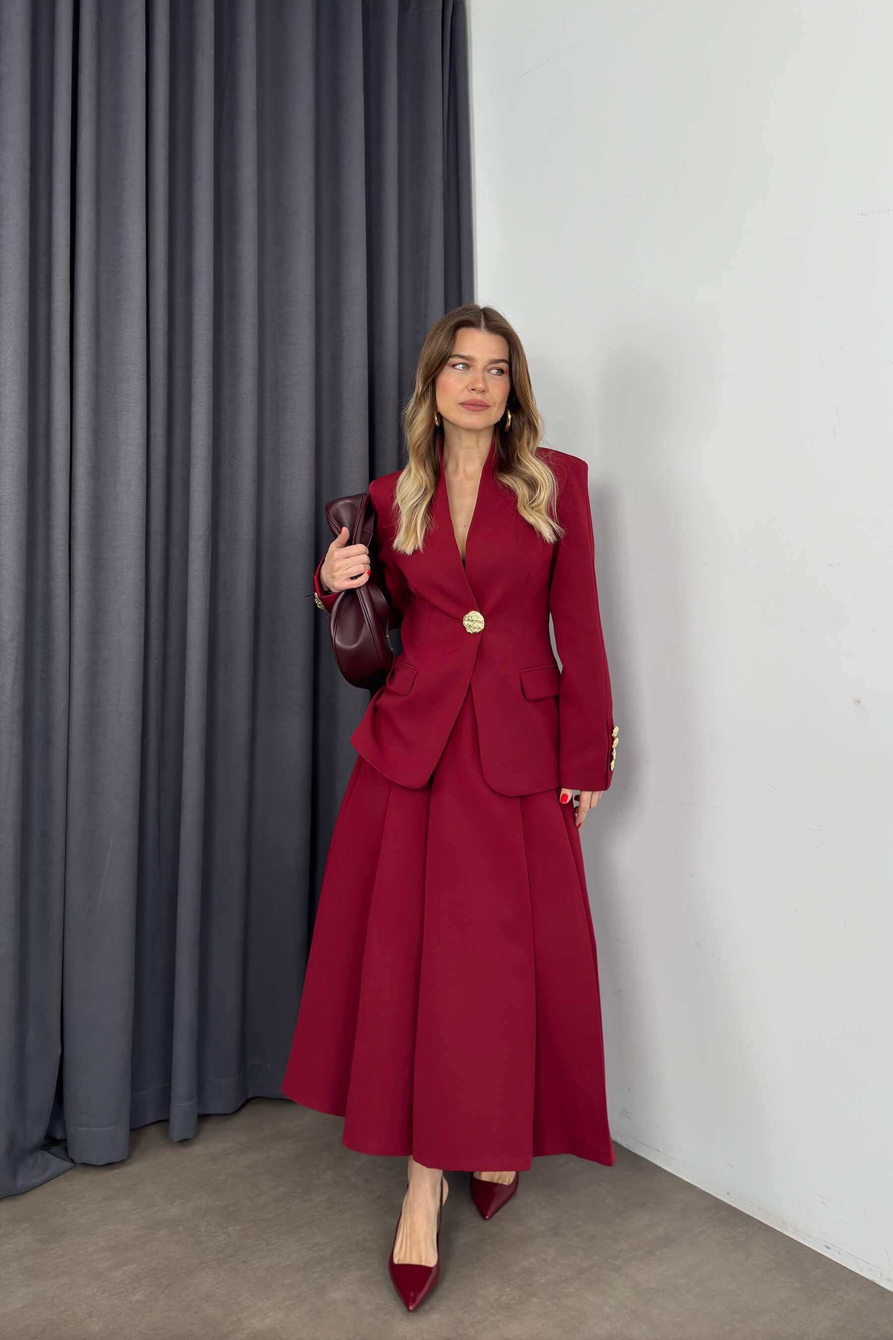 Bordo Gold Rose Düğme Detaylı Hakim Yaka Blazer Ceket