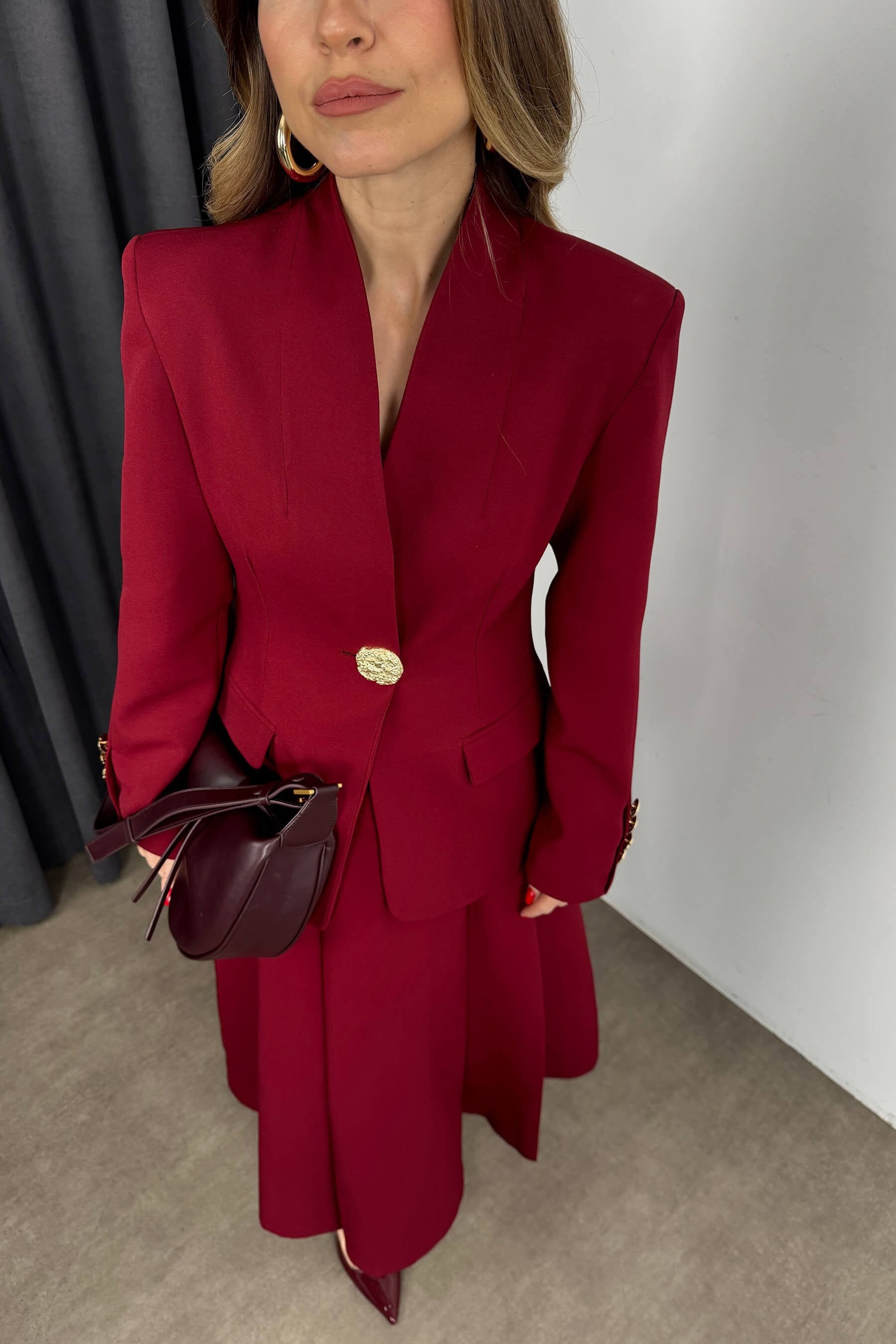 Bordo Gold Rose Düğme Detaylı Hakim Yaka Blazer Ceket
