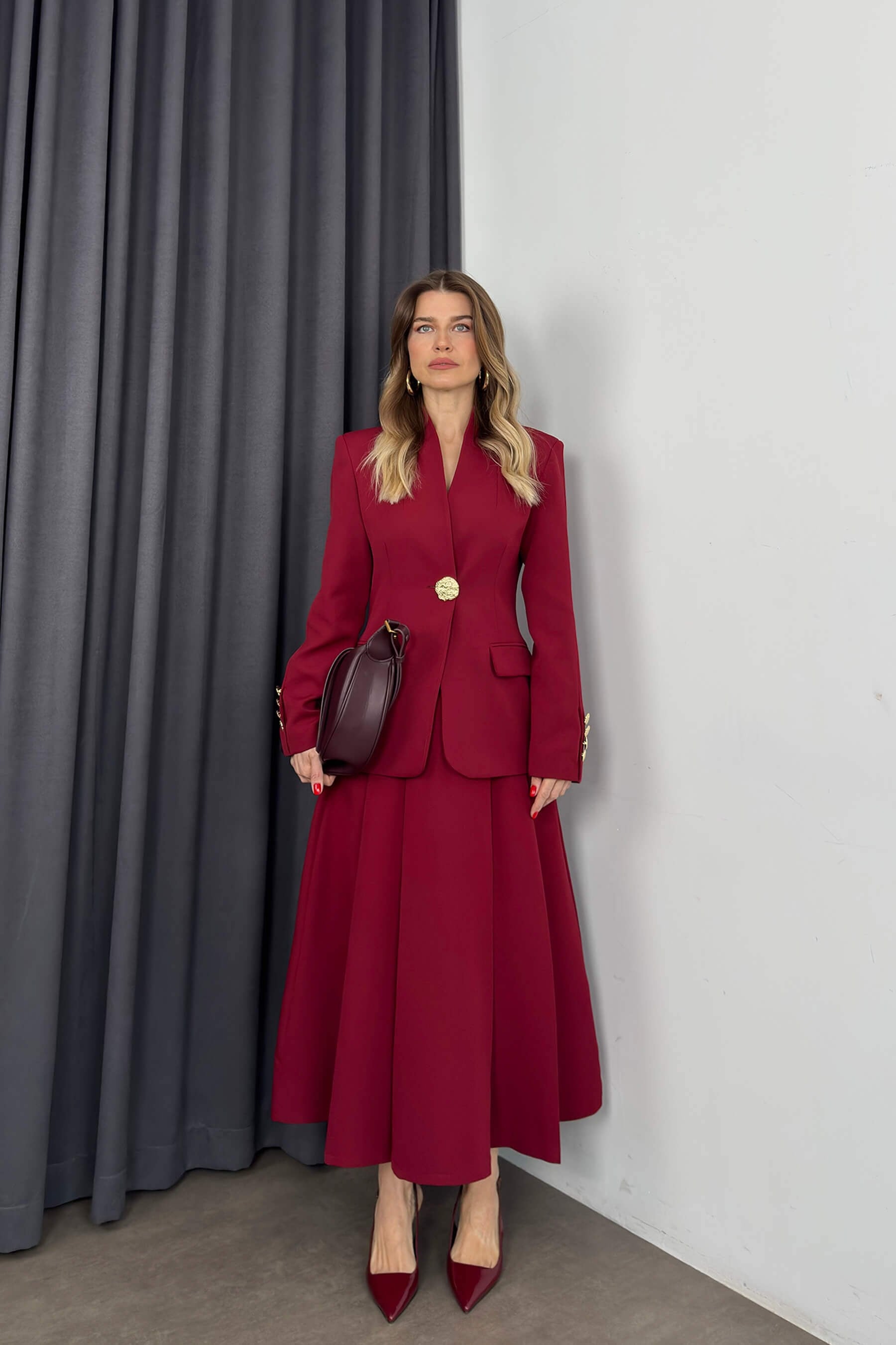 Bordo Gold Rose Düğme Detaylı Hakim Yaka Blazer Ceket