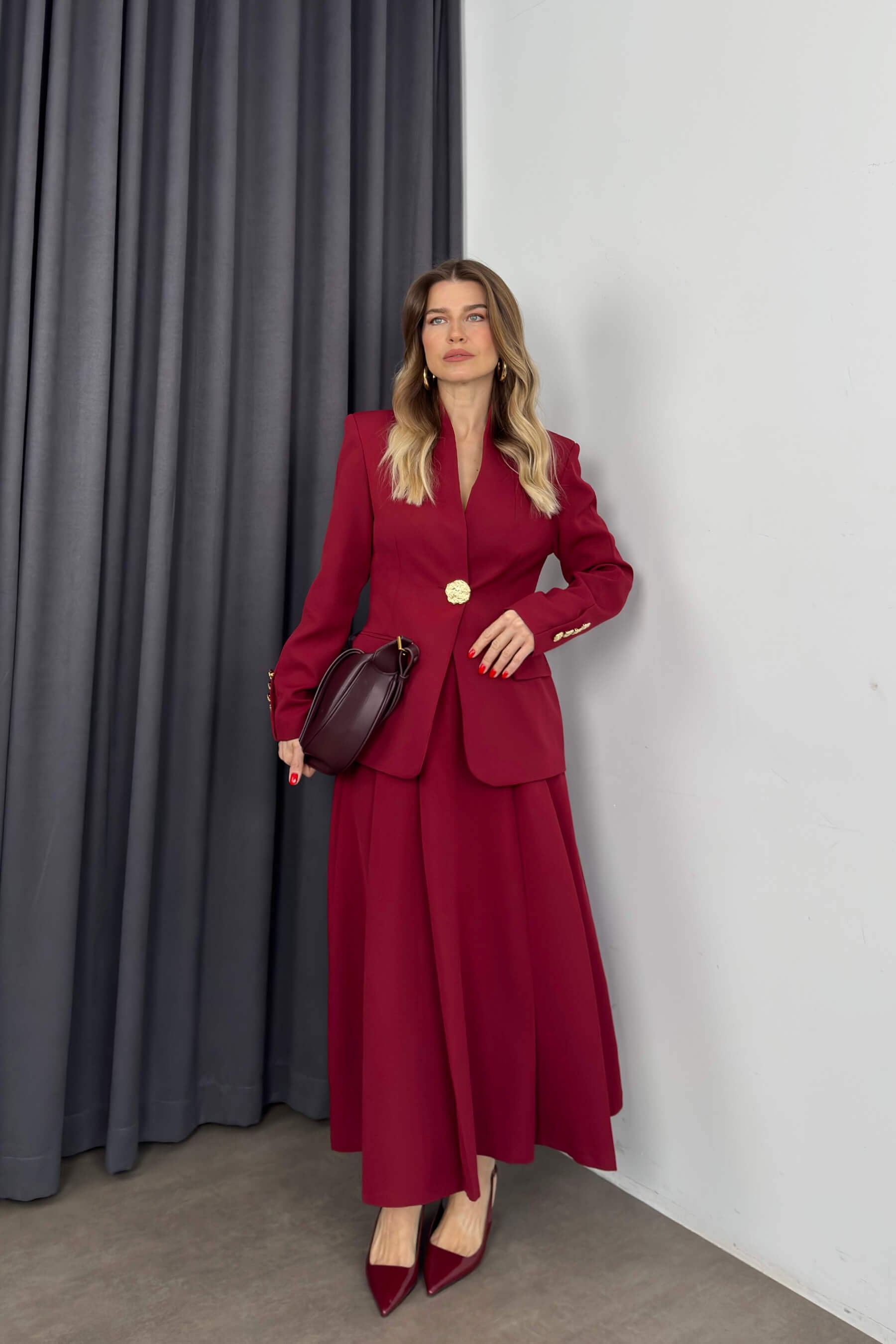 Bordo Gold Rose Düğme Detaylı Hakim Yaka Blazer Ceket