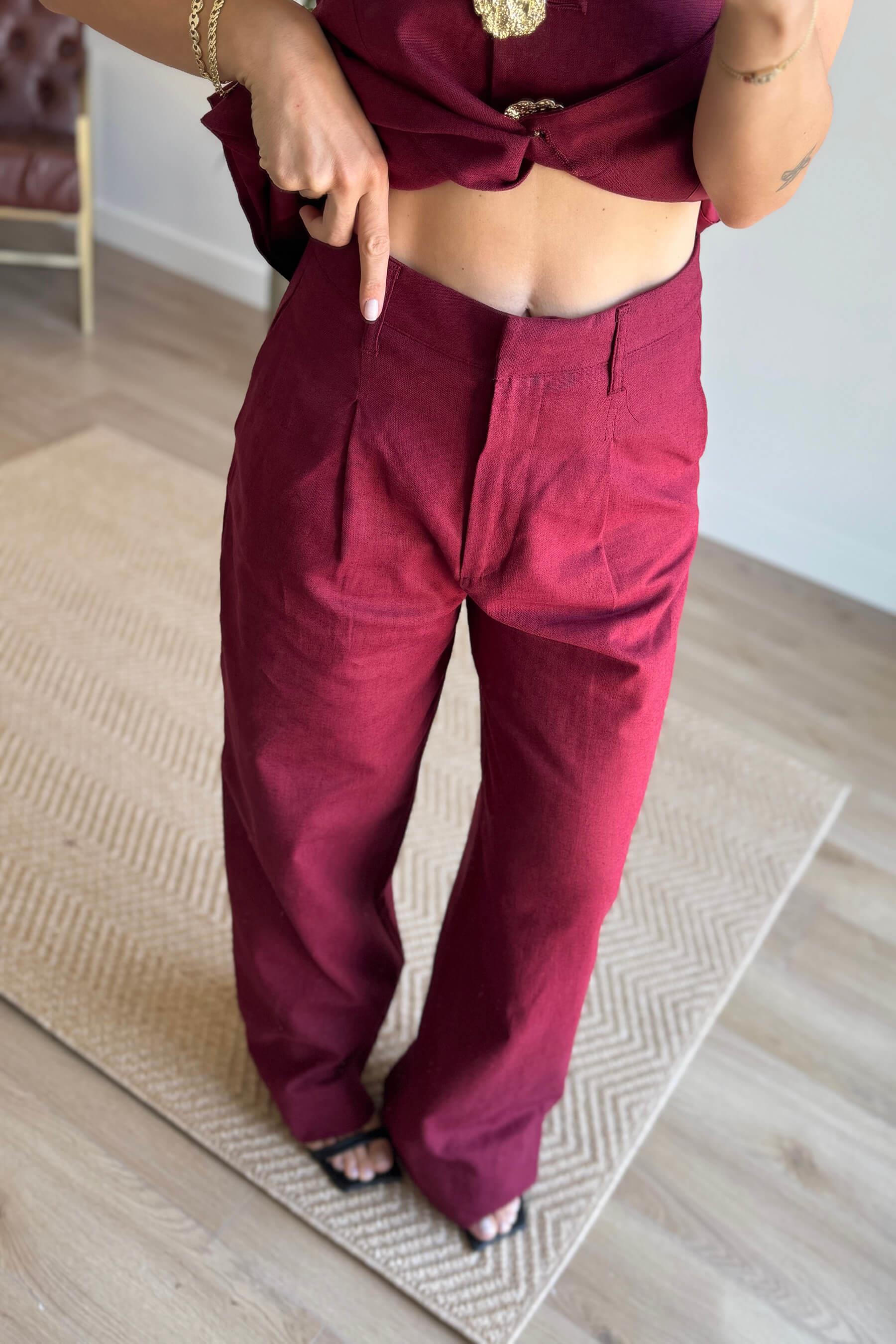 Bordo Gold Rose Düğmeli Yelek Bol Paça Yüksek Bel Pantolon Keten Takım