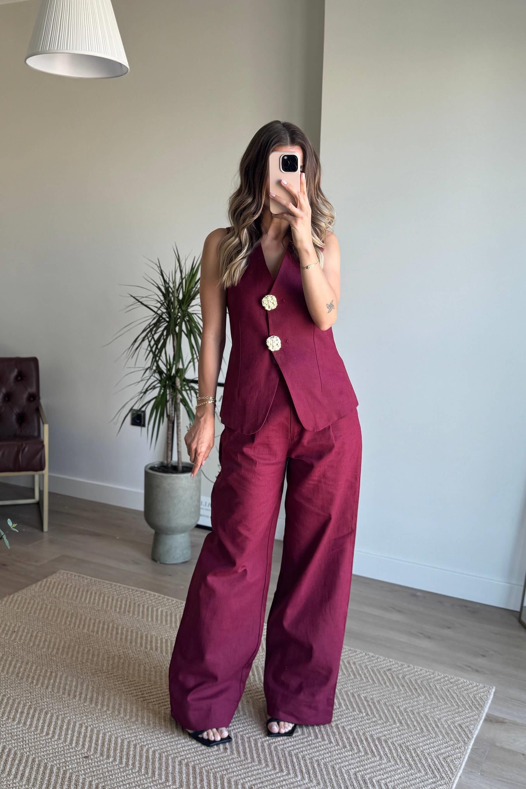 Bordo Gold Rose Düğmeli Yelek Bol Paça Yüksek Bel Pantolon Keten Takım