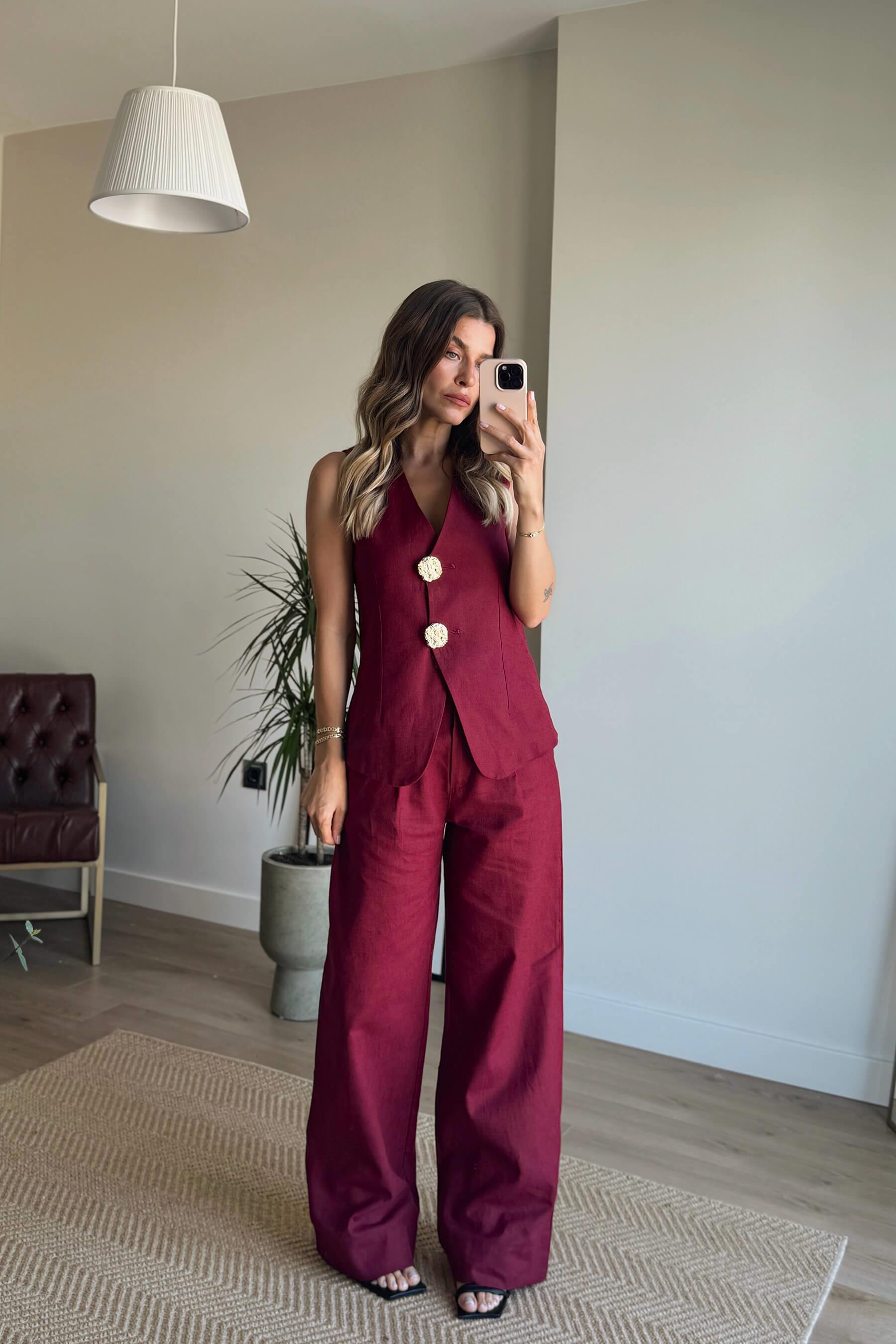 Bordo Gold Rose Düğmeli Yelek Bol Paça Yüksek Bel Pantolon Keten Takım