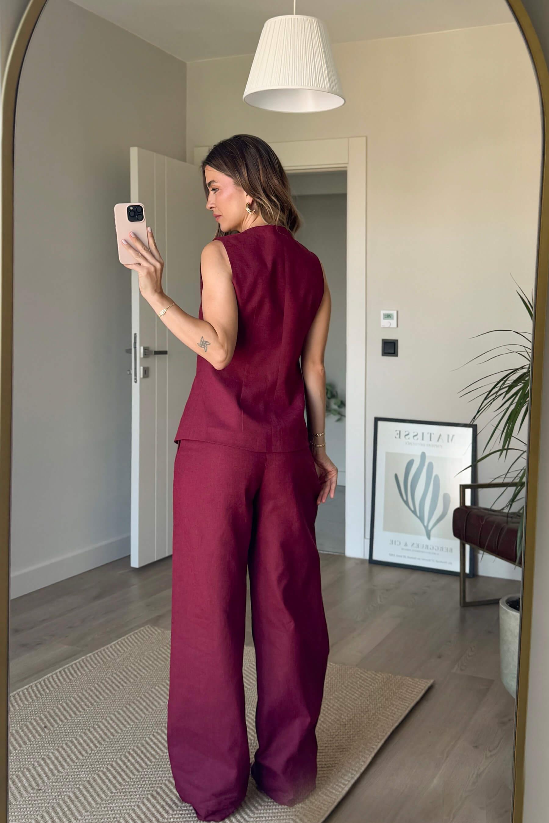 Bordo Gold Rose Düğmeli Yelek Bol Paça Yüksek Bel Pantolon Keten Takım