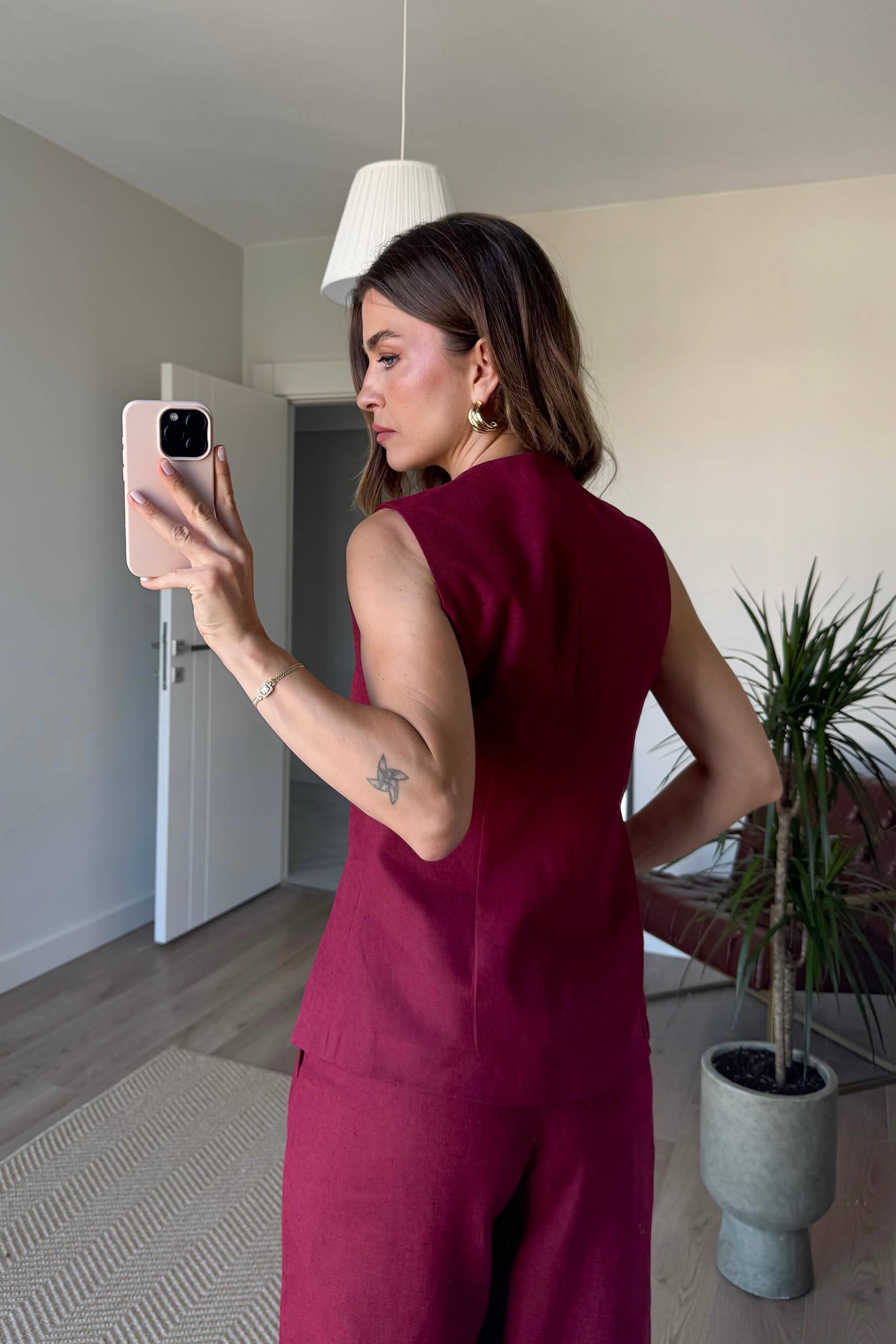 Bordo Gold Rose Düğmeli Yelek Bol Paça Yüksek Bel Pantolon Keten Takım