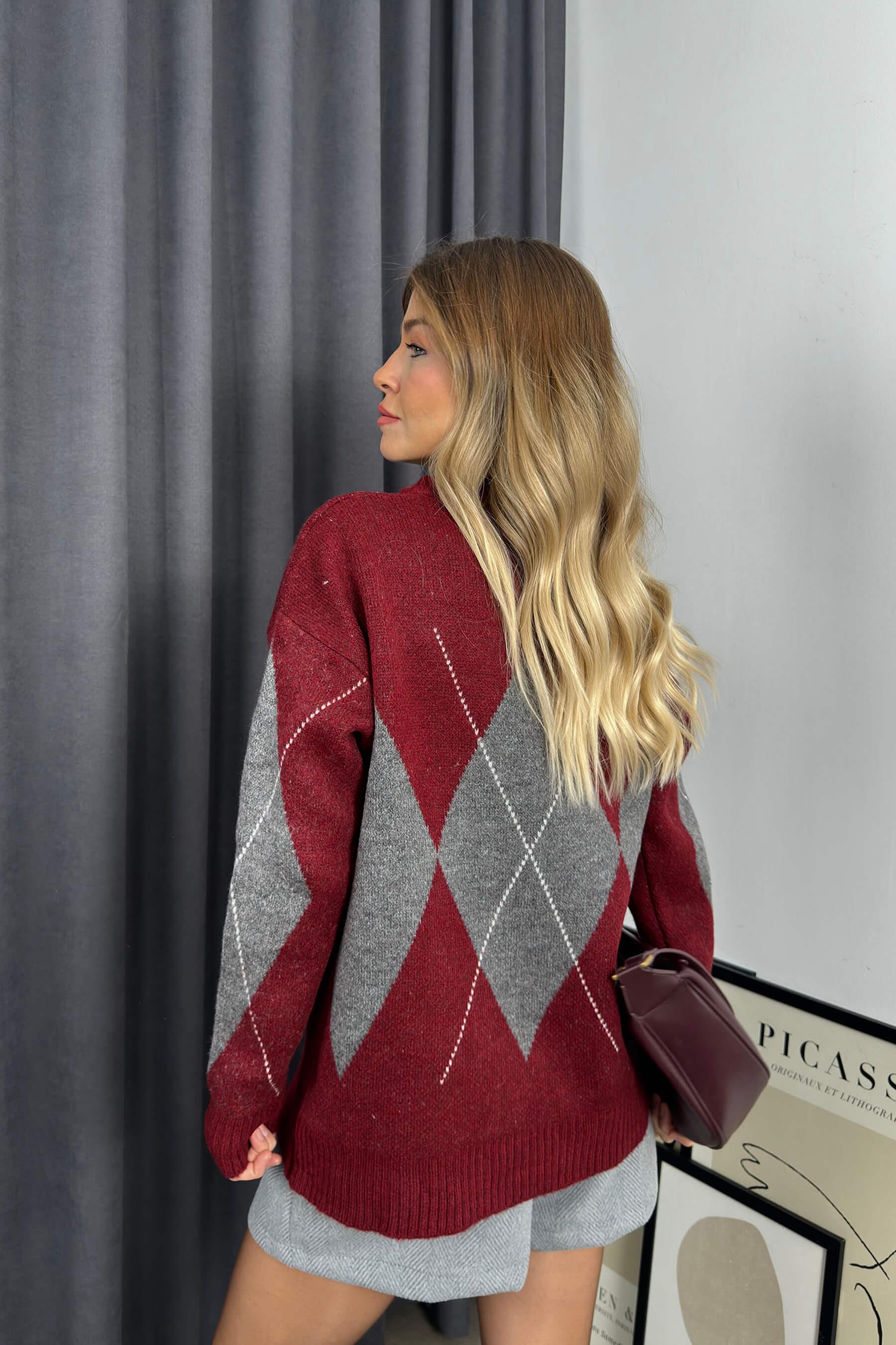 Bordo Gri Baklava Desenli Oversize Kazak
