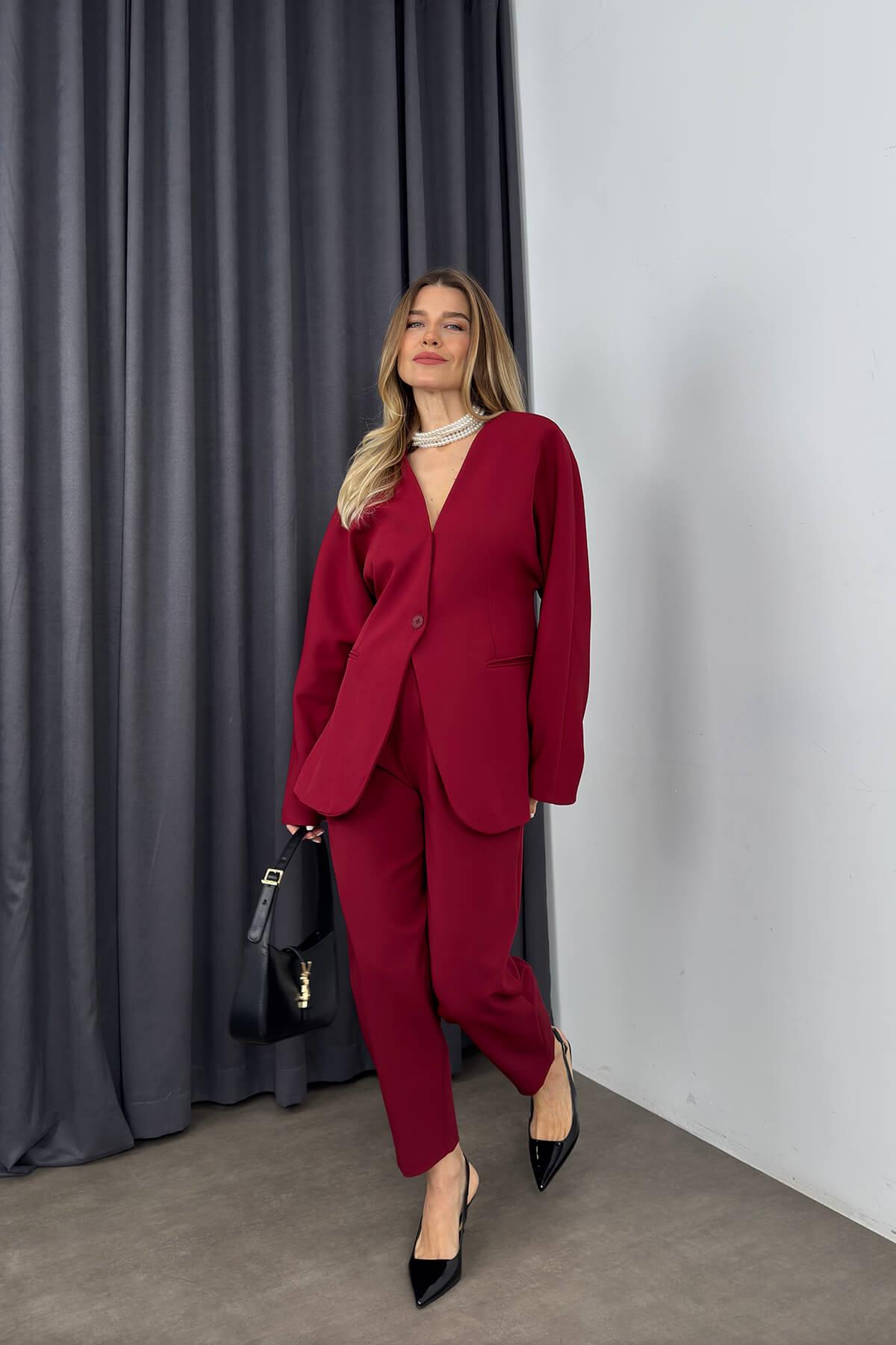 Bordo Havuç Model Blazer Ceket Pantolon Takım