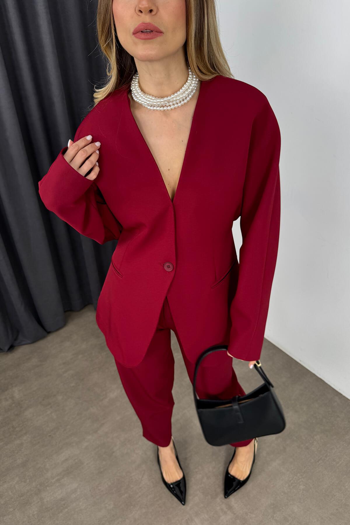 Bordo Havuç Model Blazer Ceket Pantolon Takım