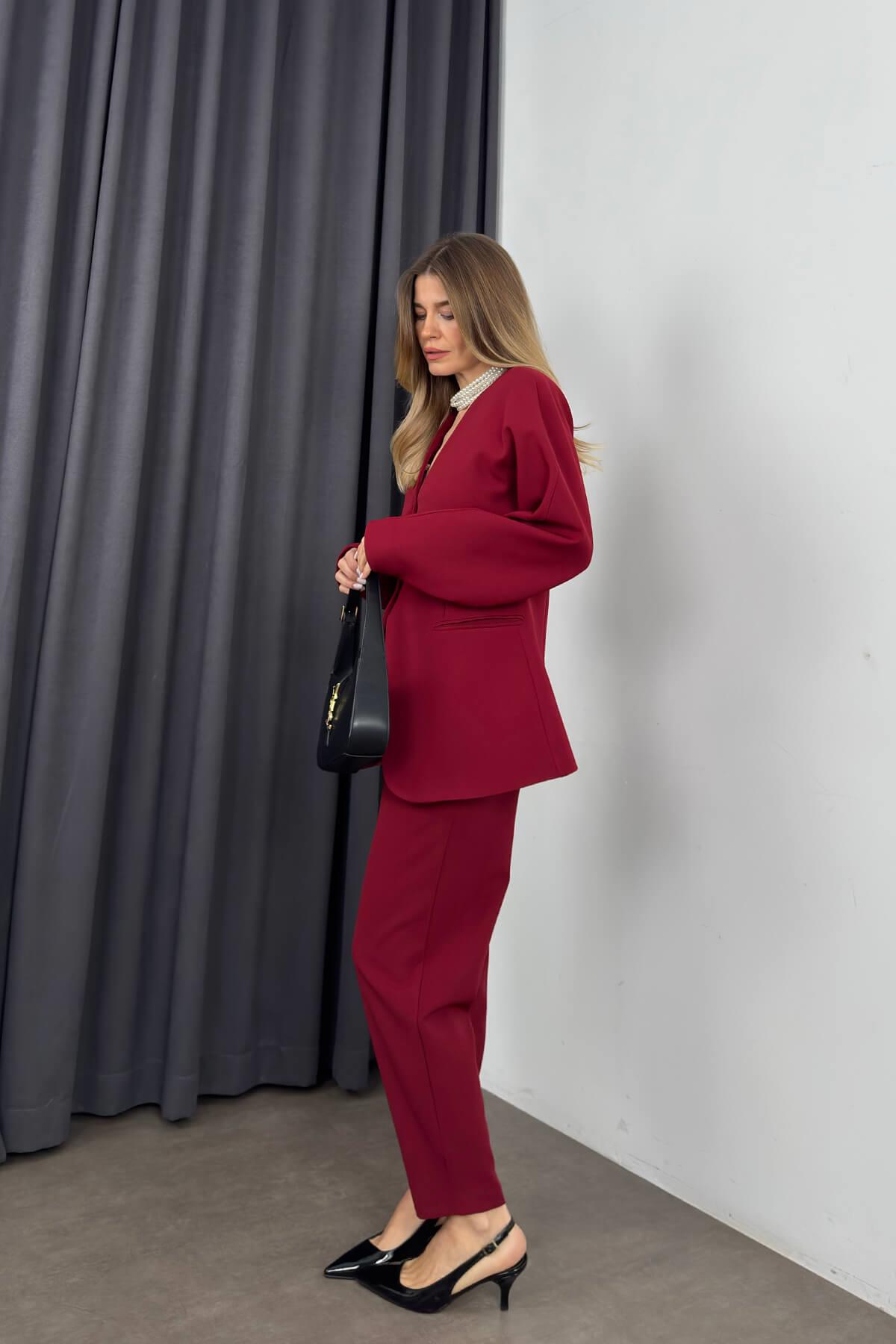 Bordo Havuç Model Blazer Ceket Pantolon Takım