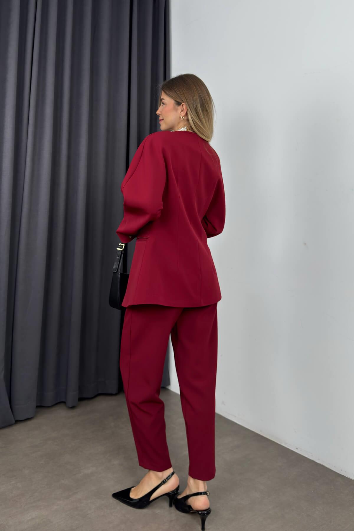 Bordo Havuç Model Blazer Ceket Pantolon Takım