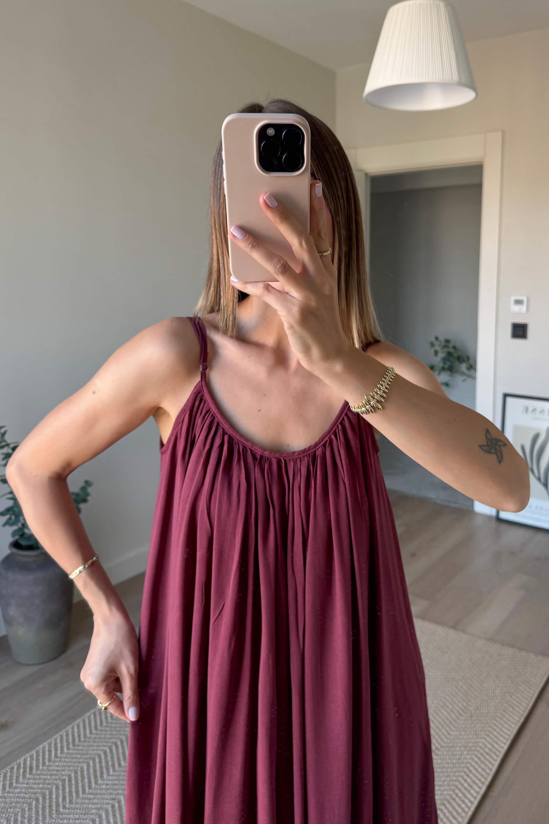 Bordo İnce Askılı Astarlı Pamuklu Oversize Elbise