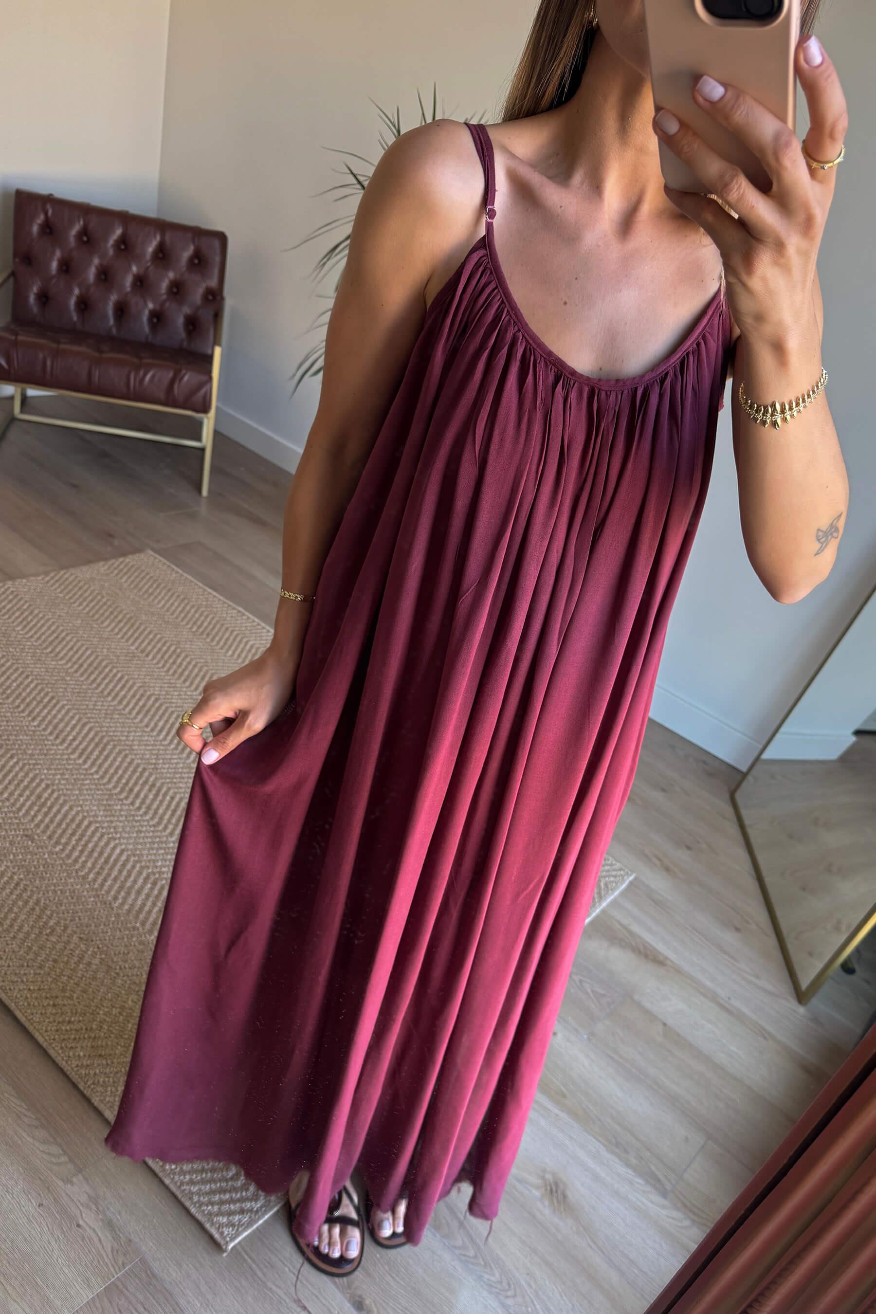 Bordo İnce Askılı Astarlı Pamuklu Oversize Elbise