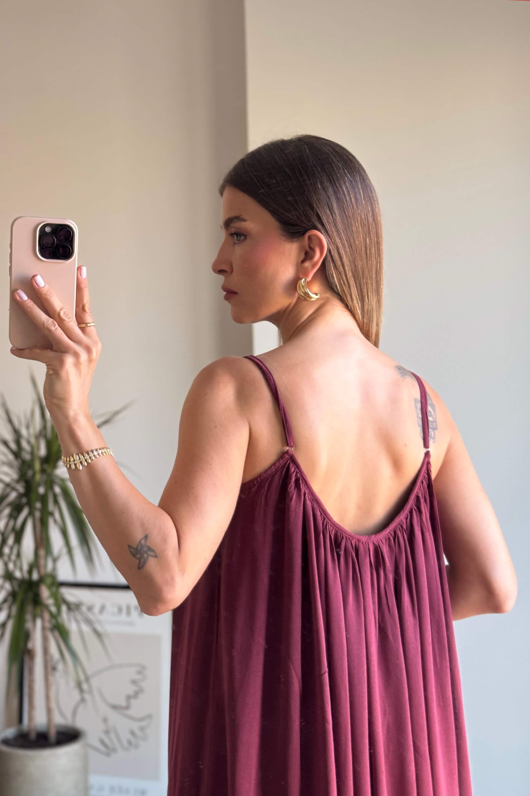 Bordo İnce Askılı Astarlı Pamuklu Oversize Elbise