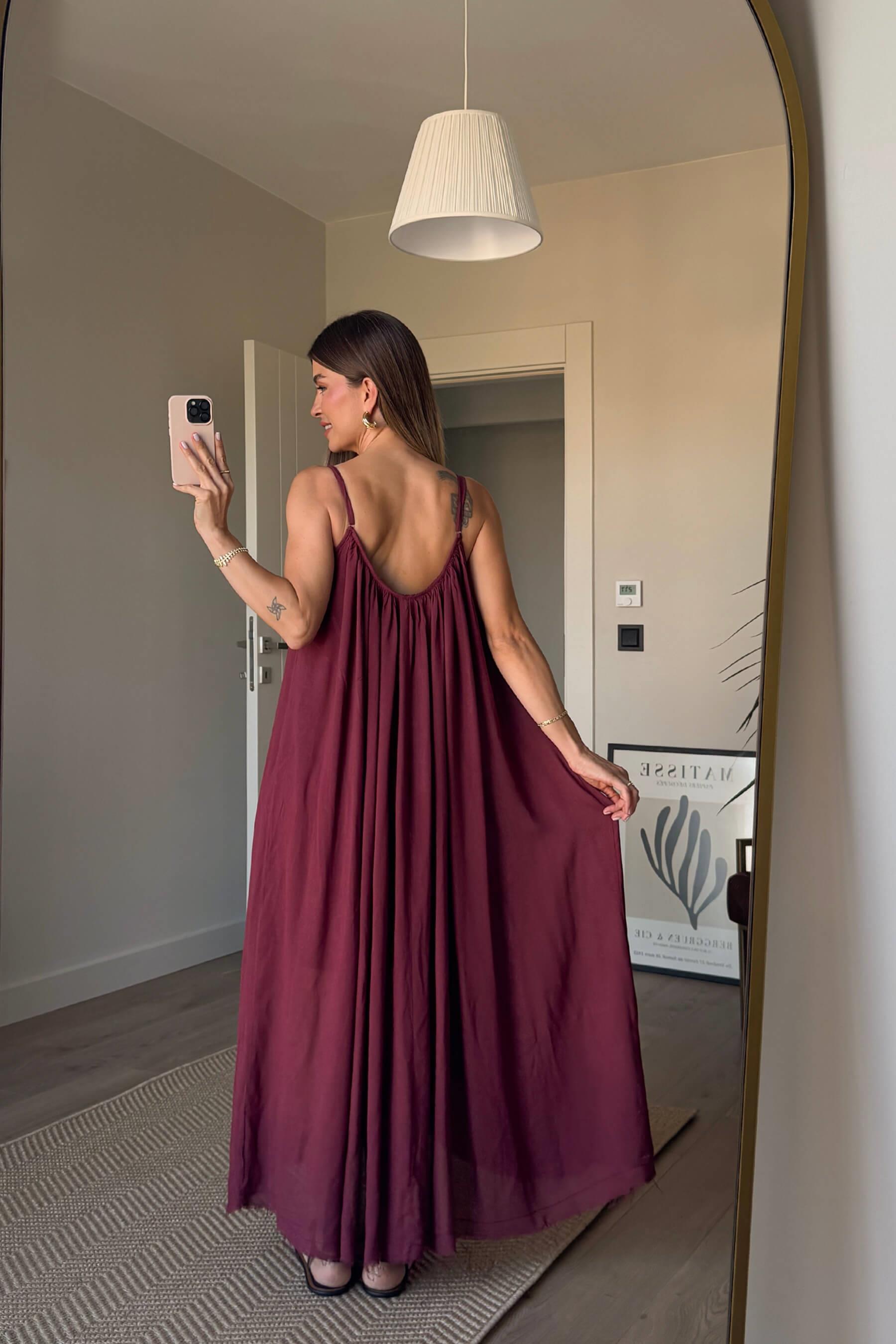Bordo İnce Askılı Astarlı Pamuklu Oversize Elbise