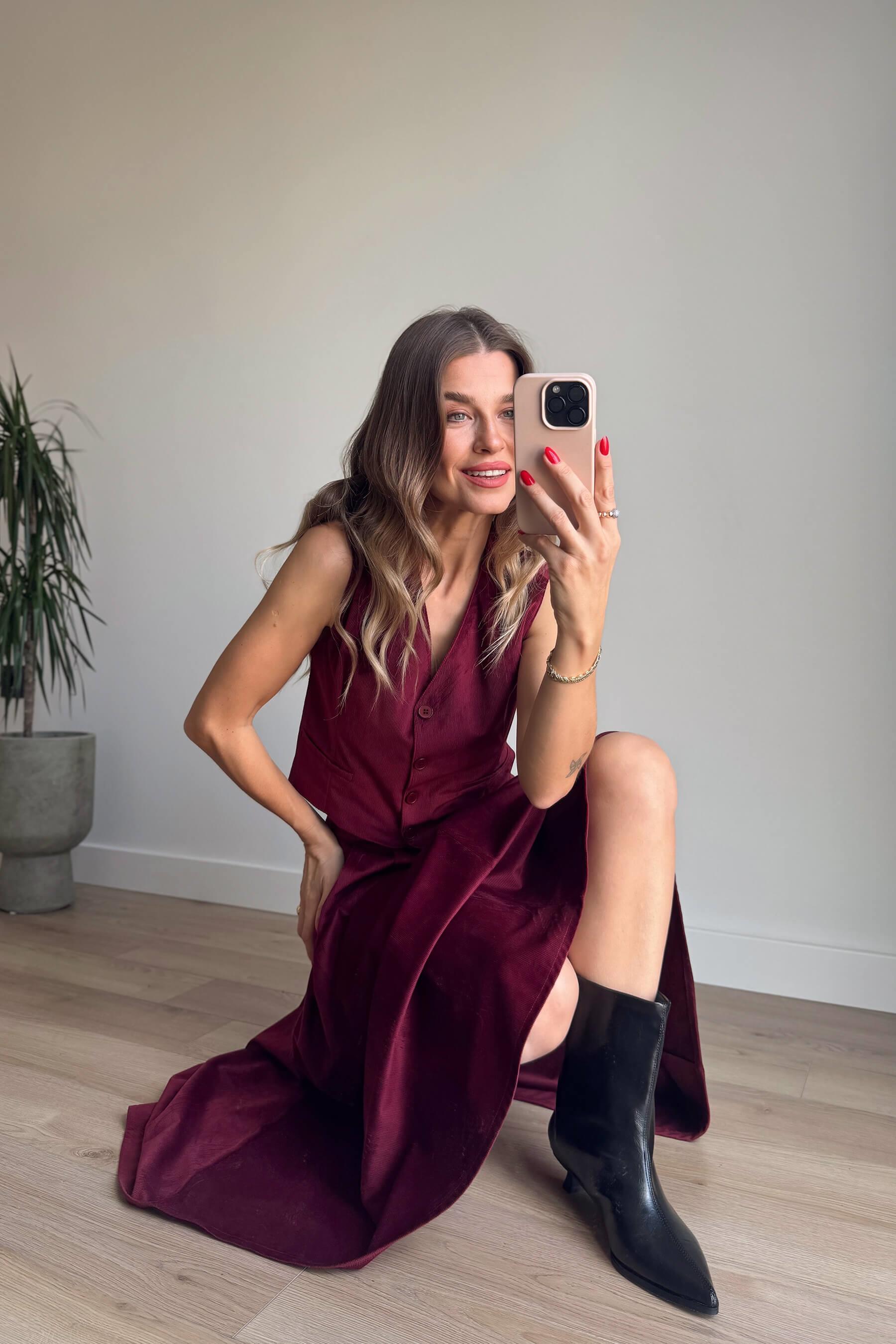 Bordo İnce Fitilli Yelek Etek Kadife Takım