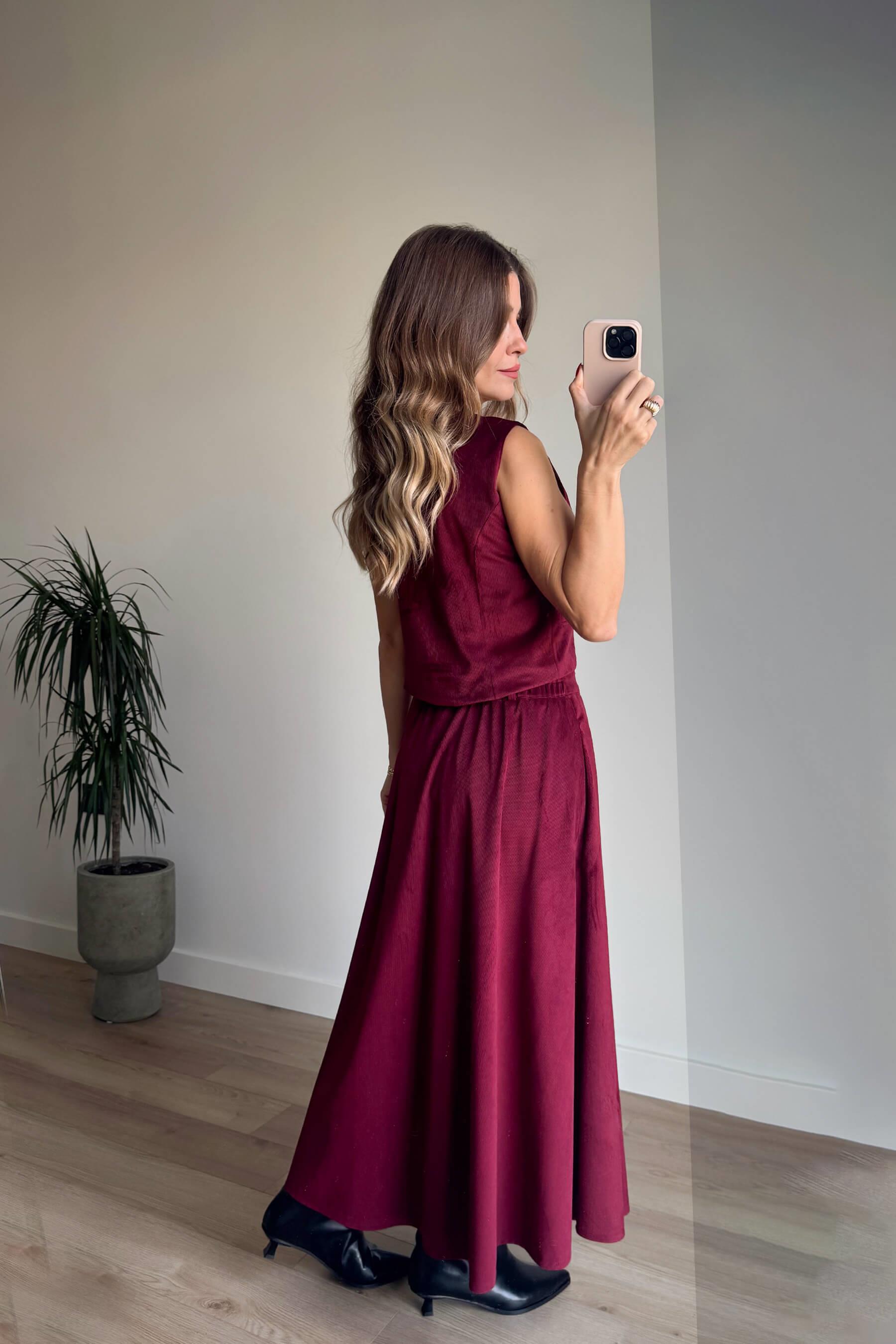 Bordo İnce Fitilli Yelek Etek Kadife Takım