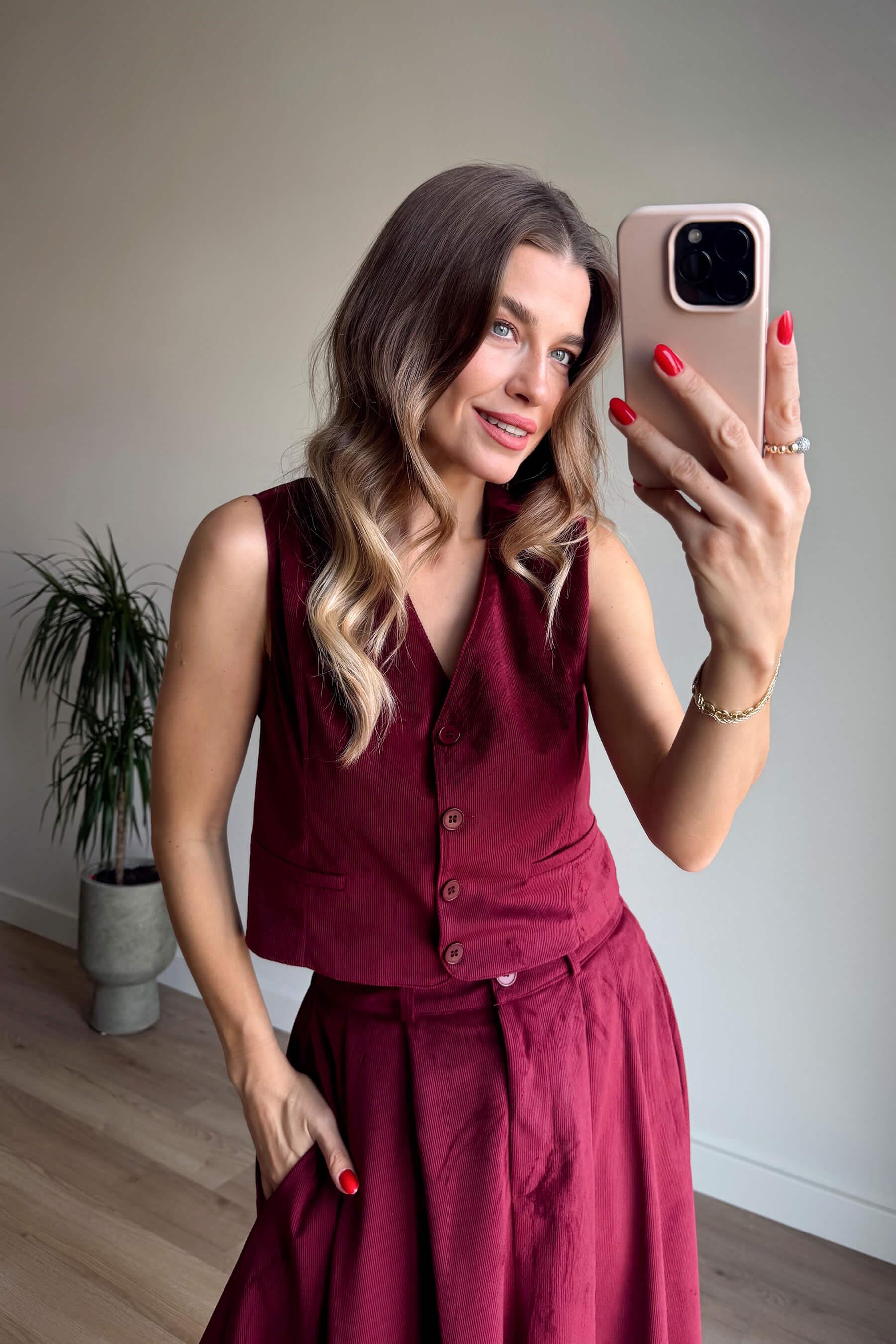 Bordo İnce Fitilli Yelek Etek Kadife Takım