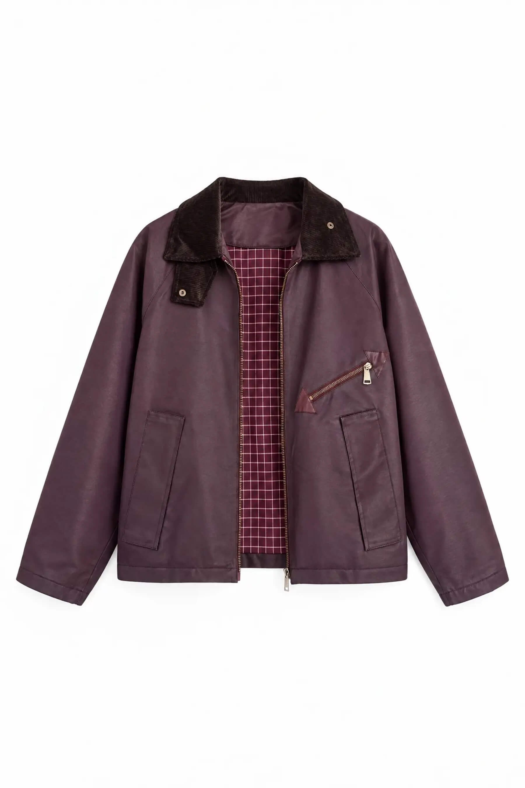 Bordo Kadife Yaka Ekose Astarlı Oversize Yağlı Ceket